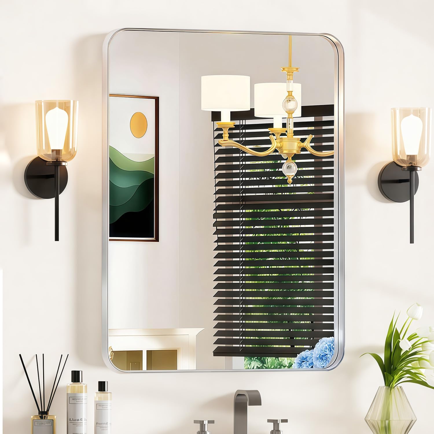 24×32 Silver Bathroom Mirror for Over Sink - Rectangular Bathroom Mirrors with Tempered Glass & Aluminum Frame, for Restroom Vanity, Entryway, Bedroom, Horizontal/Vertical, Rounded Corners 24"L x 32"W Silver Frame - Raised Slim