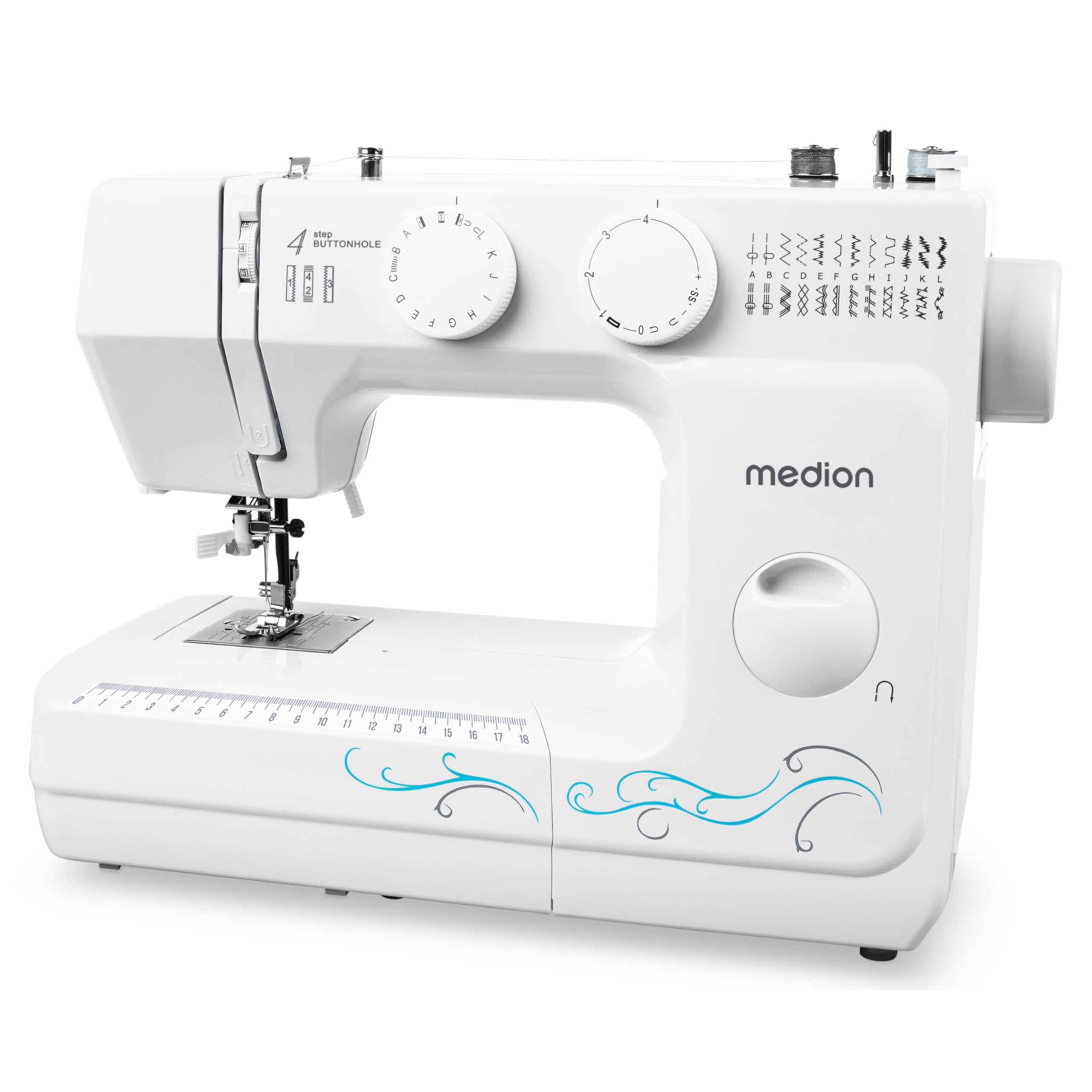 MEDION Freiarm-Nähmaschine MD 18205, 60 verschiedene Stichmuster, Knopfloch- und Einfädelautomatik, LED-Nählicht, umfangreiches Zubehör