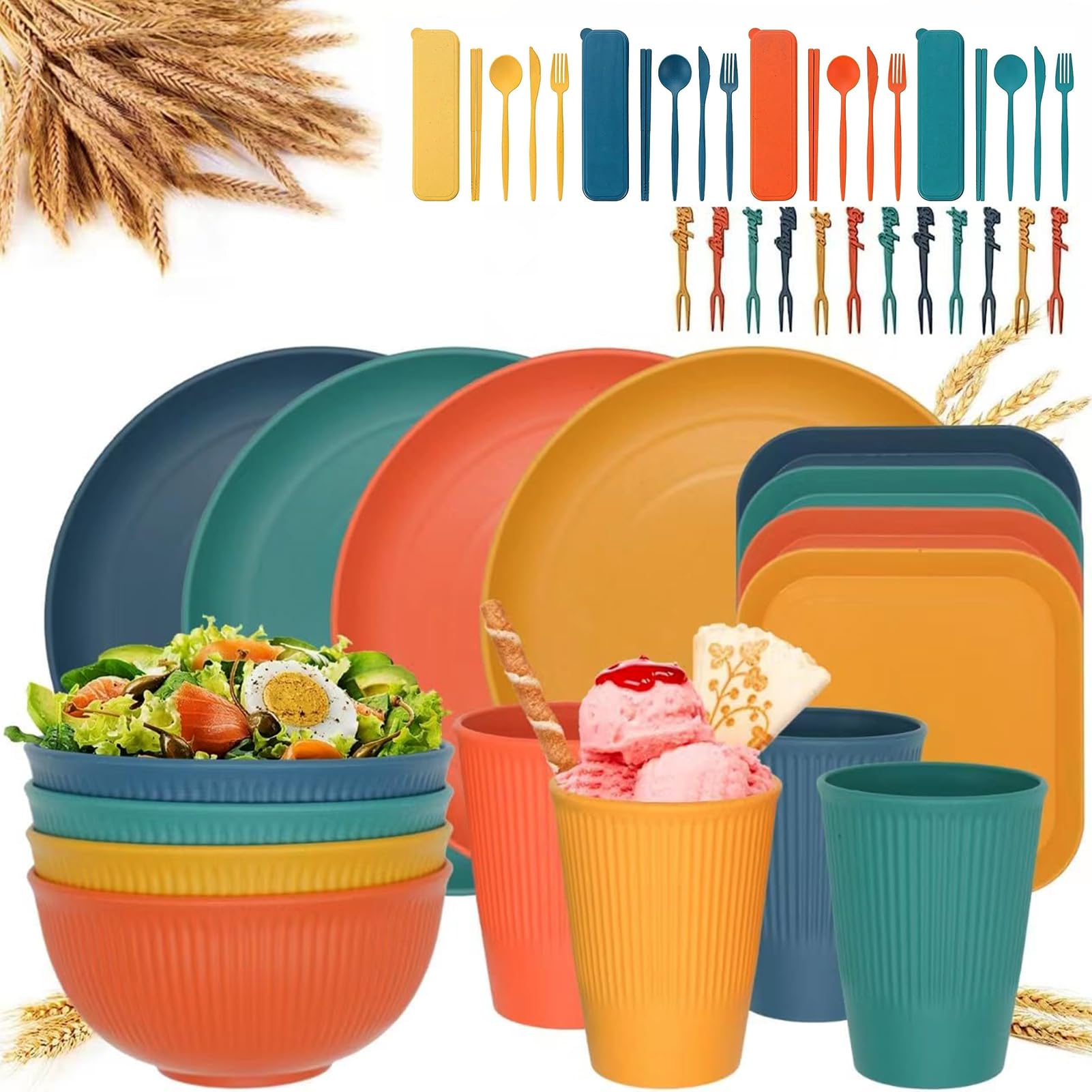 ROUNY 36 pcs Wheat Straw Dinnerware Sets,Reusable Plates and Bowls Sets,Travel Camping Picnic Home Party Cutlery Set,Dishwasher Microwave Safe Dishes