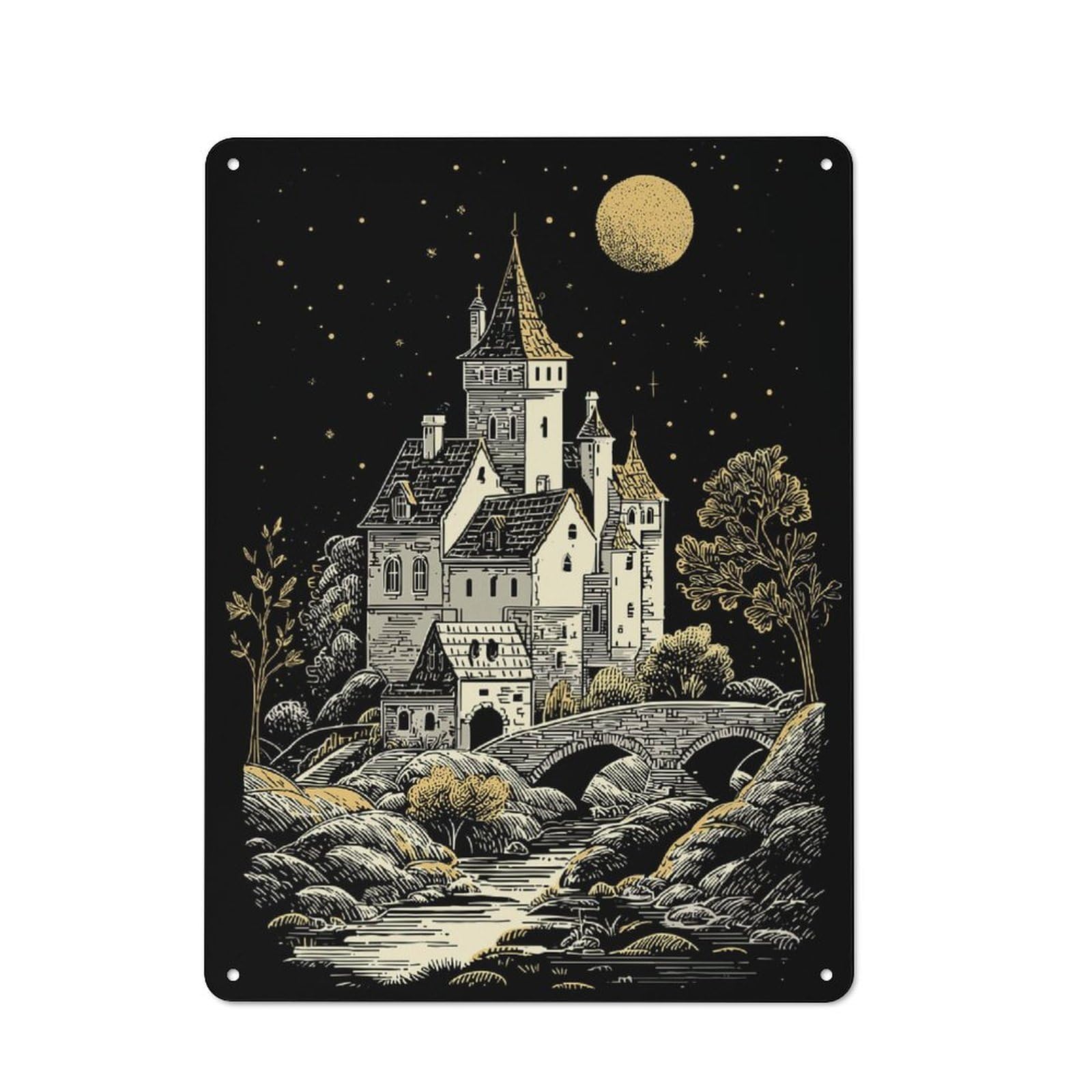 Junmoney Fantasy Castle Under Moonlight Illustration Tin Wall Plaque 40X30cm With For Workshop Wall, Suited To Makers And Diy Enthusiasts