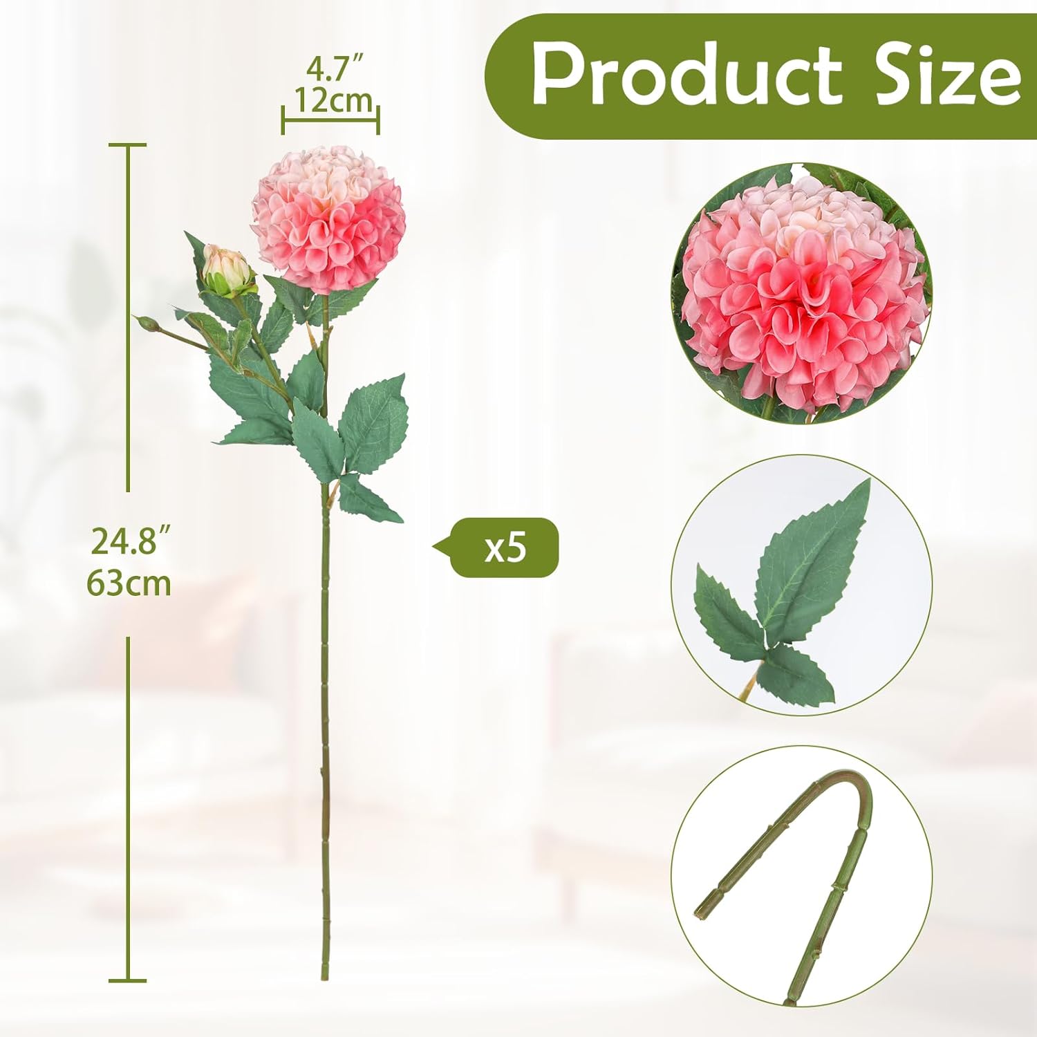 Hollyone 5PCS Dahlia Artificial Flowers 24.8" Pink Fake Ball Dahlias Silk Flowers Faux Roses Flower with Long Stems for DIY Wedding Bouquets Table Centerpieces Arrangements Bridal Party Home Decor - Image 2