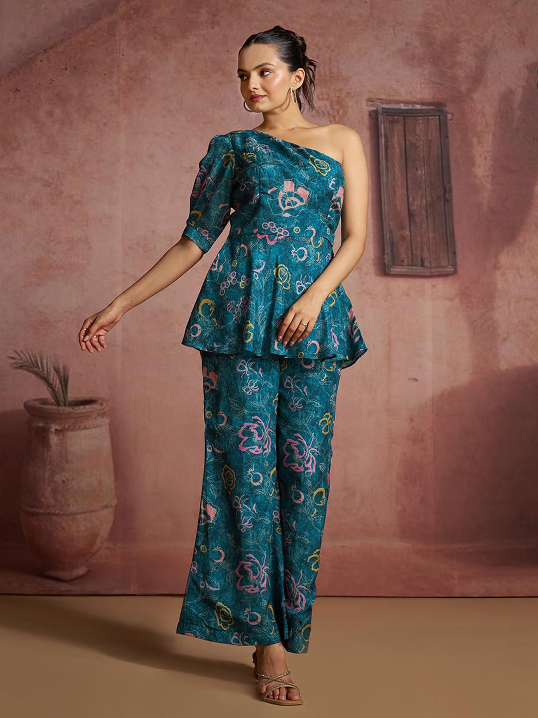 FUSIONIC Teal Floral One-Shoulder Peplum Top and Pants Set 1