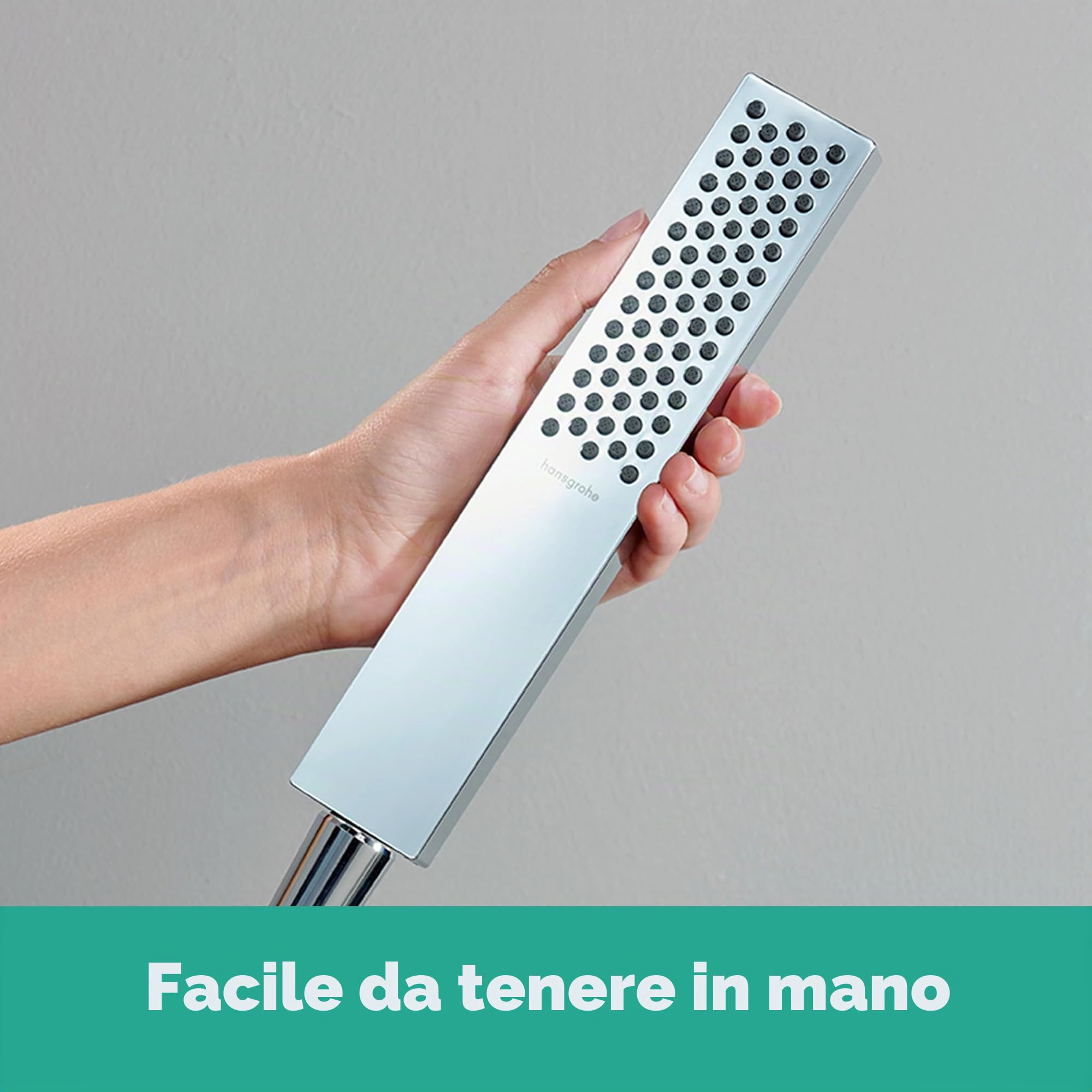 hansgrohe Pulsify E - Doccetta per doccia a risparmio idrico (EcoSmart), Doccino con 1 getto (PowderRain), Soffione doccia quadrato con funzione anticalcare, cromo, 24321000