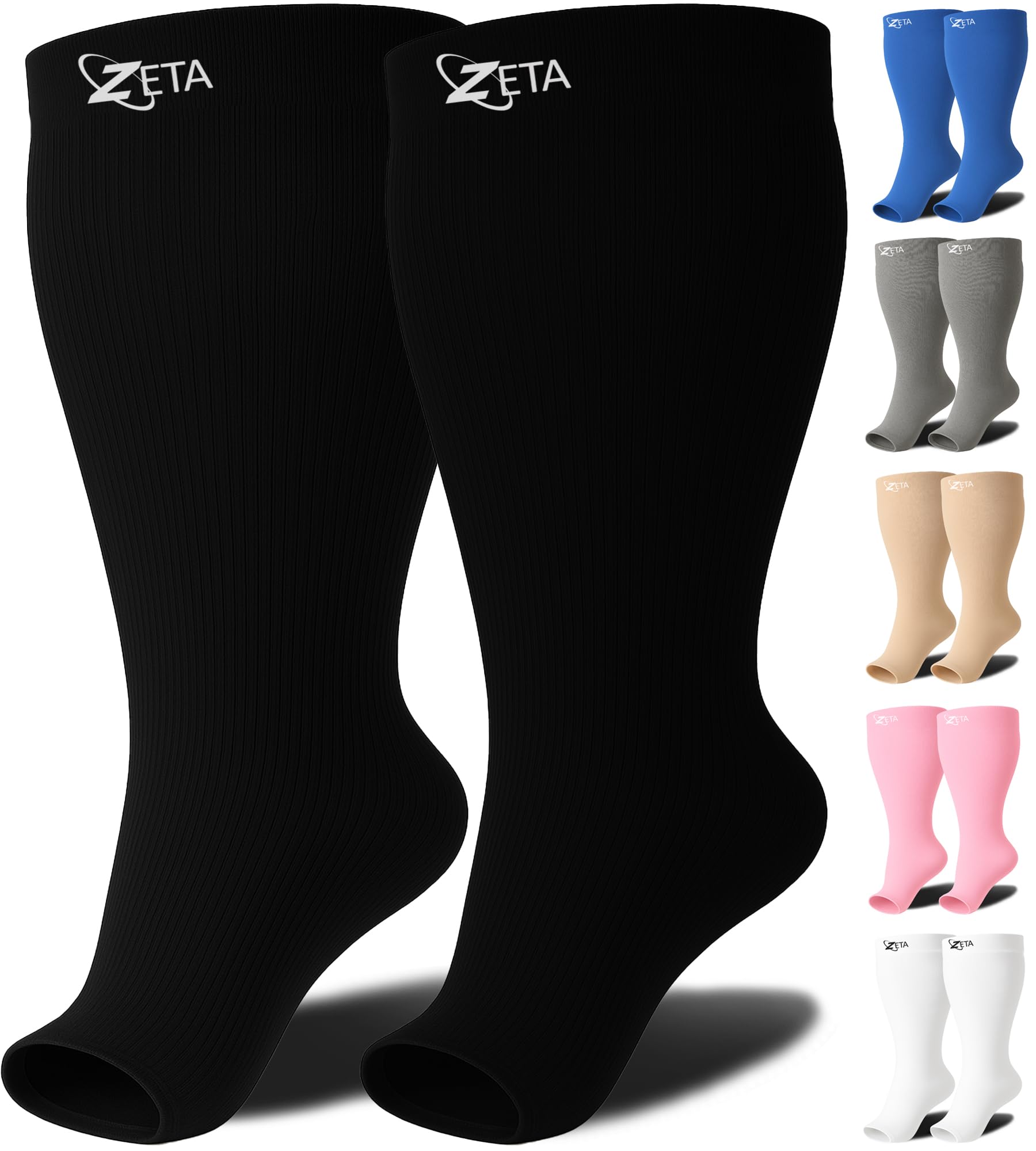 Zeta Wear Plus Size Open Toe Leg Sleeve Support Socks - Wide Compression Women, Amazing Fit, 1 Pair