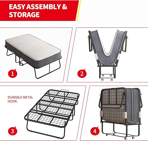 Miniatura 6 de PUREMIND Cama plegable con colchón de 5 pulgadas incluido, cama temporal para invitados y familias, cama plegable que ahorra espacio con rodillos