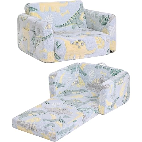 Tiita Kids Sofa, 2-in-1 Kid Sofa, Convertible Children Couch to Lounger, Flip Out Kids Chair, Glow in The Dark Toddler Armrest Chair Bed for Girl or Boy (Grey Dinosaur)