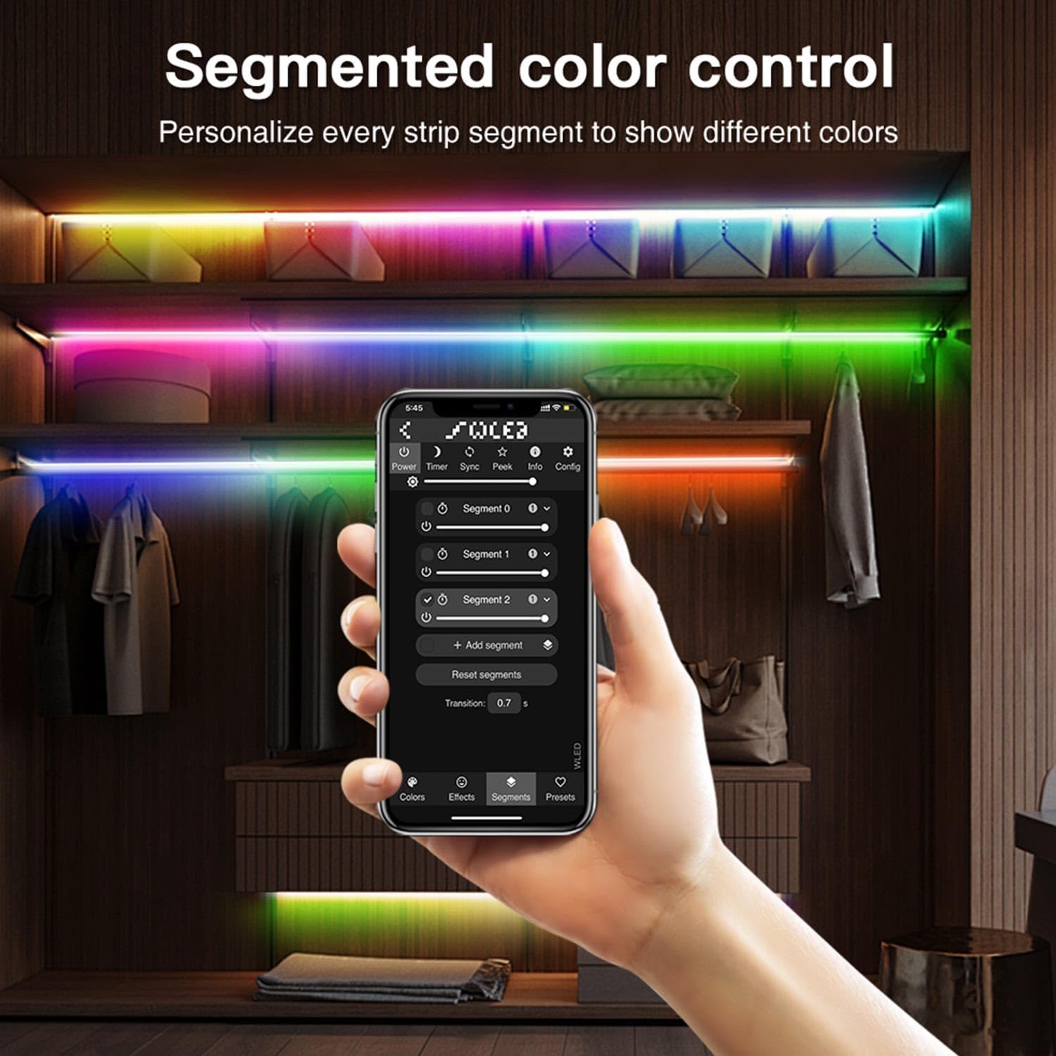 Screenshot of the WLED app showing segmented color control options, allowing users to define and customize different segments of their LED strips.