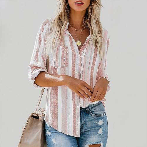 Miniatura 5 de Blusa elegante a rayas para mujer, para otoño, casual, enrollada, de manga larga, con solapa, con botones, ajuste holgado
