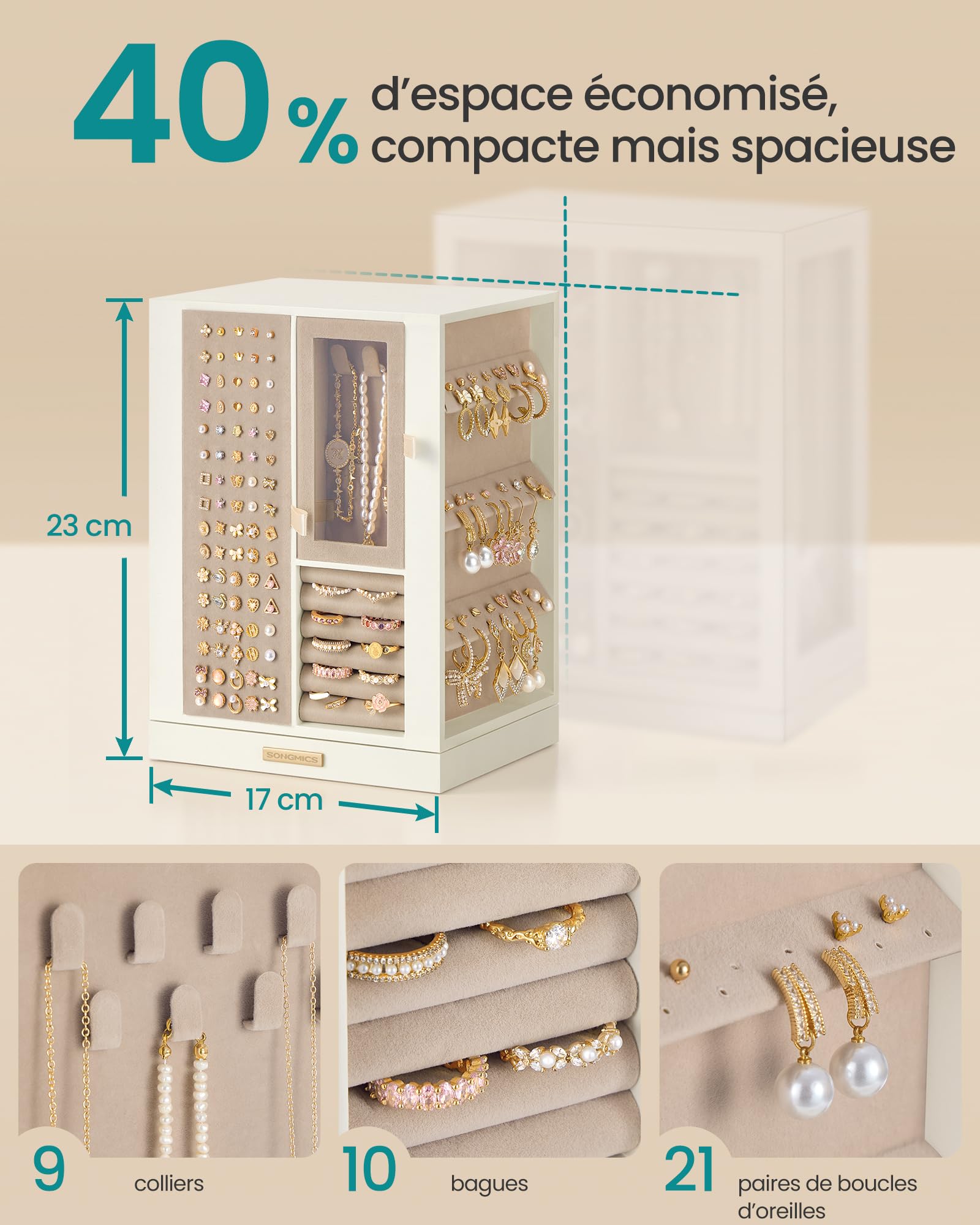 SONGMICS Boîte à Bijoux, Rotative à 360°, Coffret à Bijoux avec 4 Tiroirs, Rangement pour Accessoires, Colliers, Bracelets, Bagues et Boucles d’Oreilles, Idée Cadeau, Blanc Crème JBC211WD01