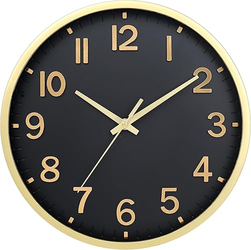 Reloj de pared moderno a pilas de 8 pulgadas, reloj de pared silencioso sin tictac para sala de estar, dormitorio, cocina, oficina, aula (oro negro)