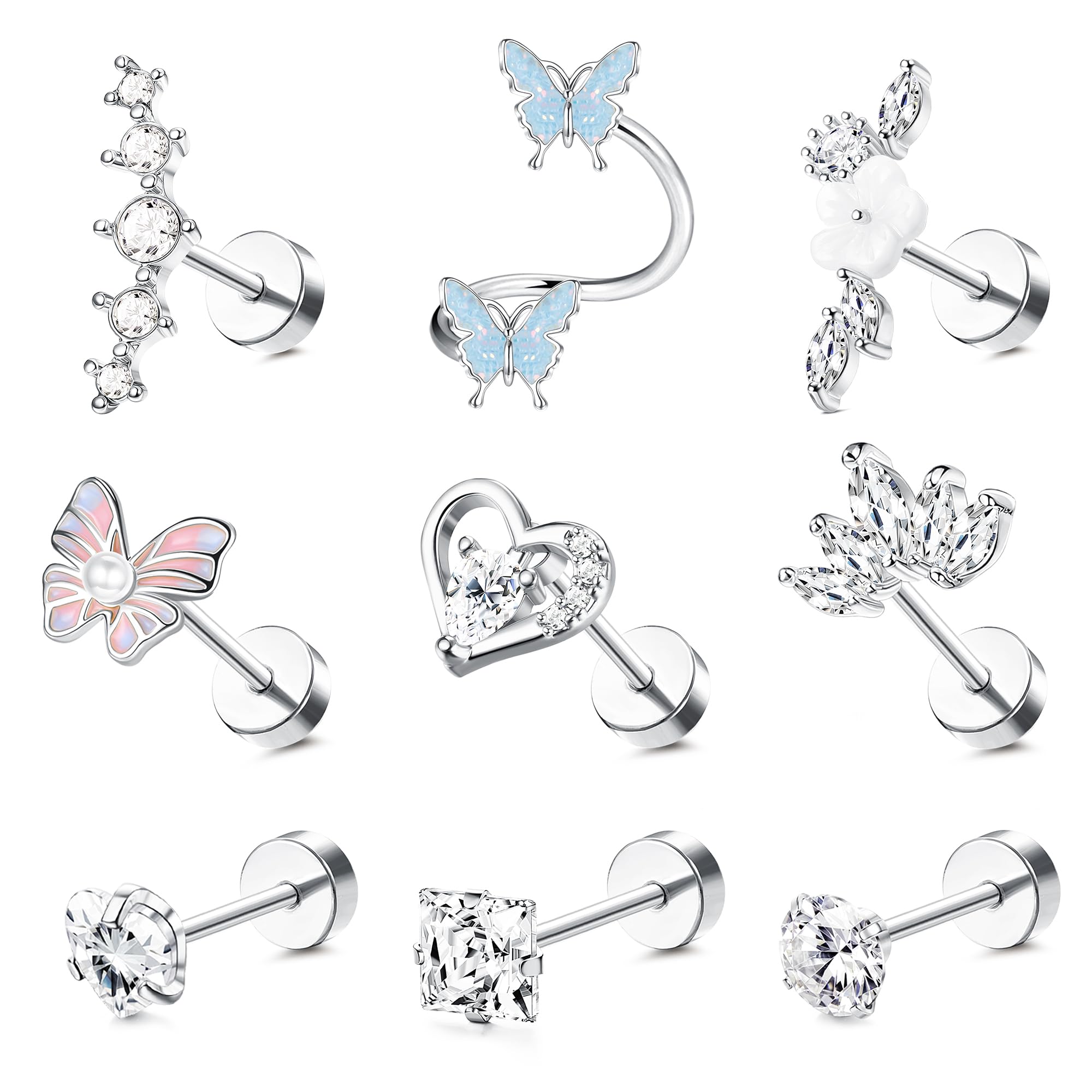 JeweBella 9 Pezzi 16G Orecchini Donna Acciaio Chirurgico Piercing Orecchio Argento/Oro Orecchini Cuore Fiore Set Piercing Orecchio Trago Helix Conch