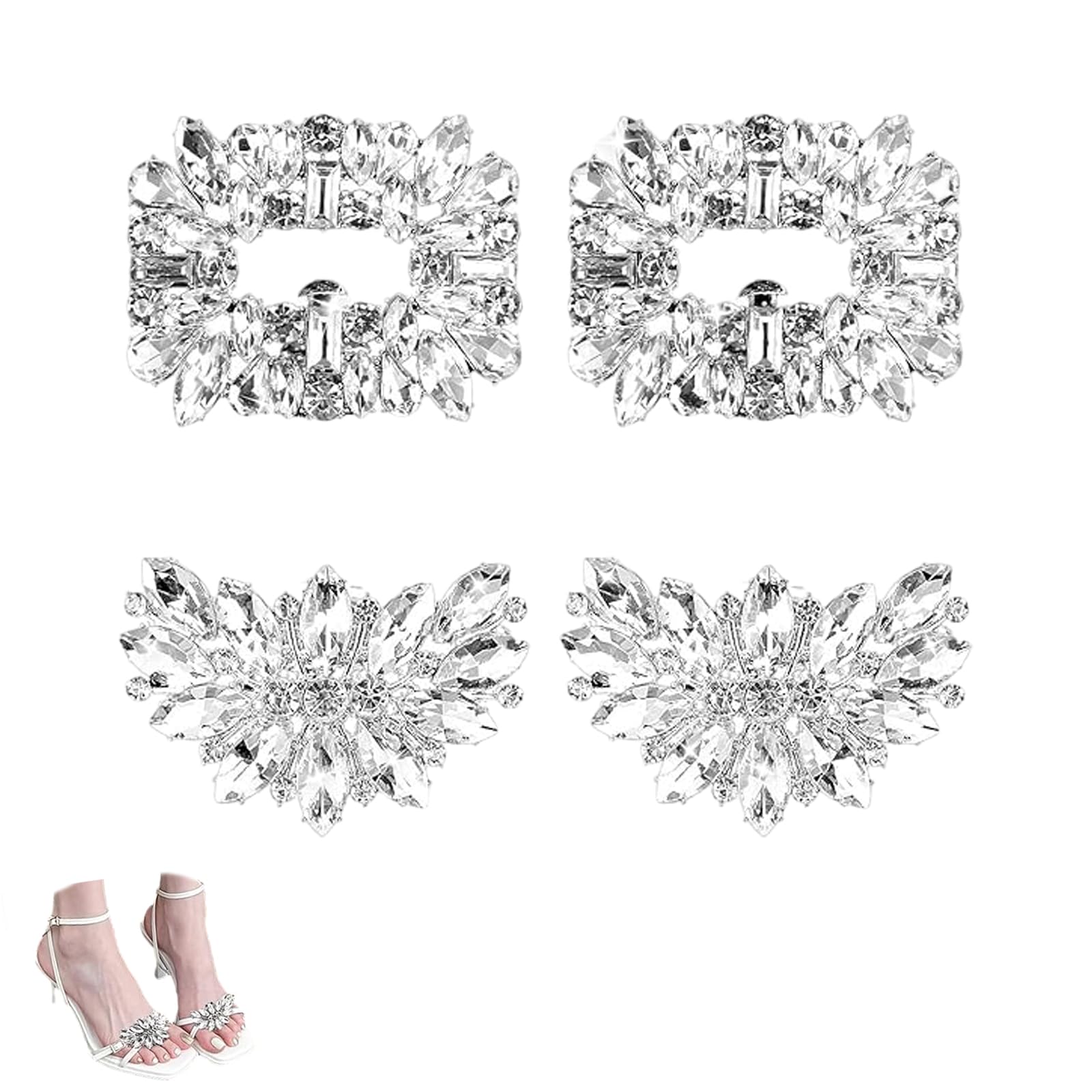 4 PCS Rhinestone Shoe Clips - Silver Bridal Decorative Charms and Embellishments for Sparkle