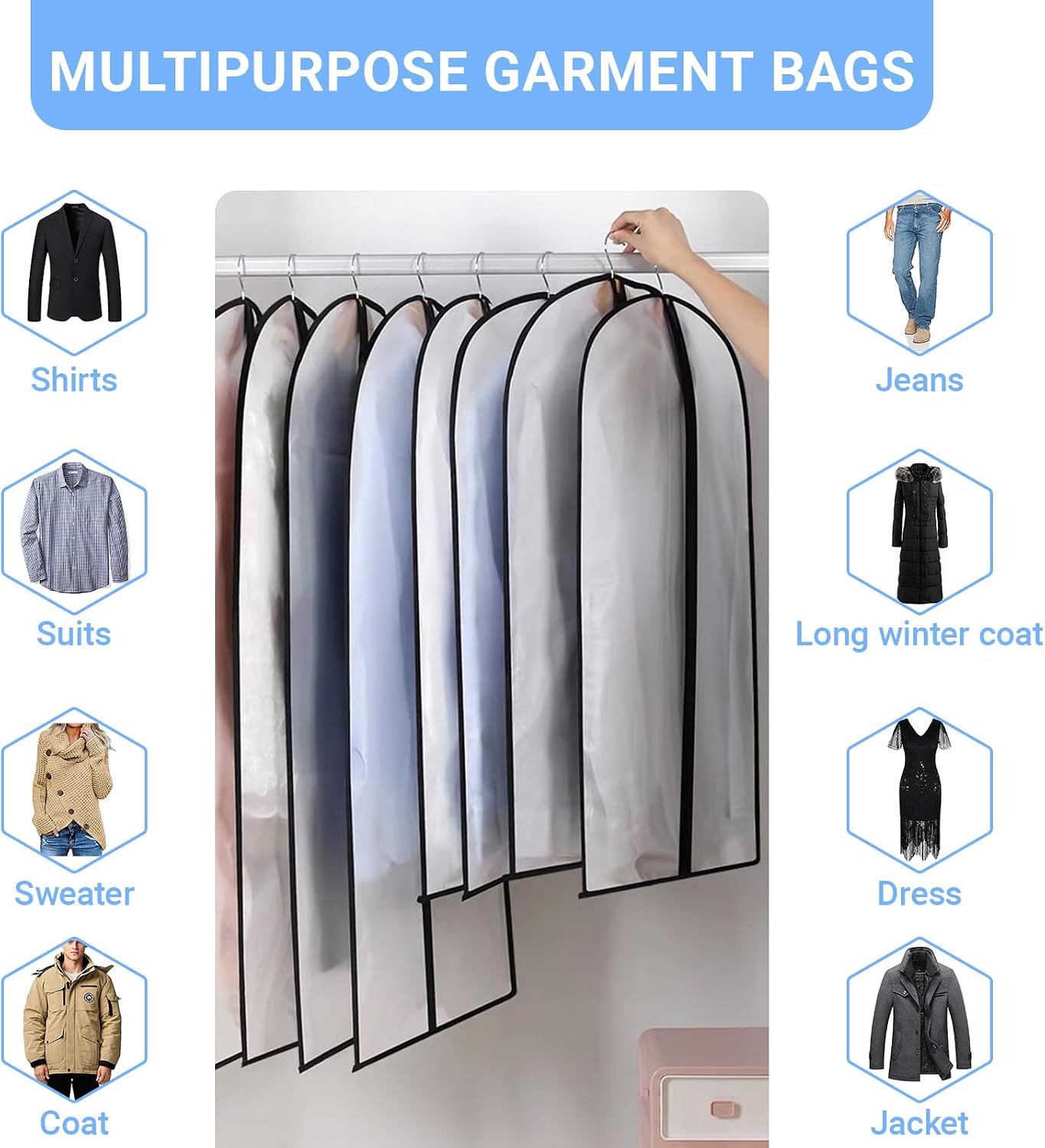 Garment Bags for Hanging Clothes (24''X48'' Set of 12) Suit Bags for Closet Storage Plastic Waterproof Suit Cover Bags with Zipper for Suit, Sweaters, Coat Protector Travel Closet Clothing