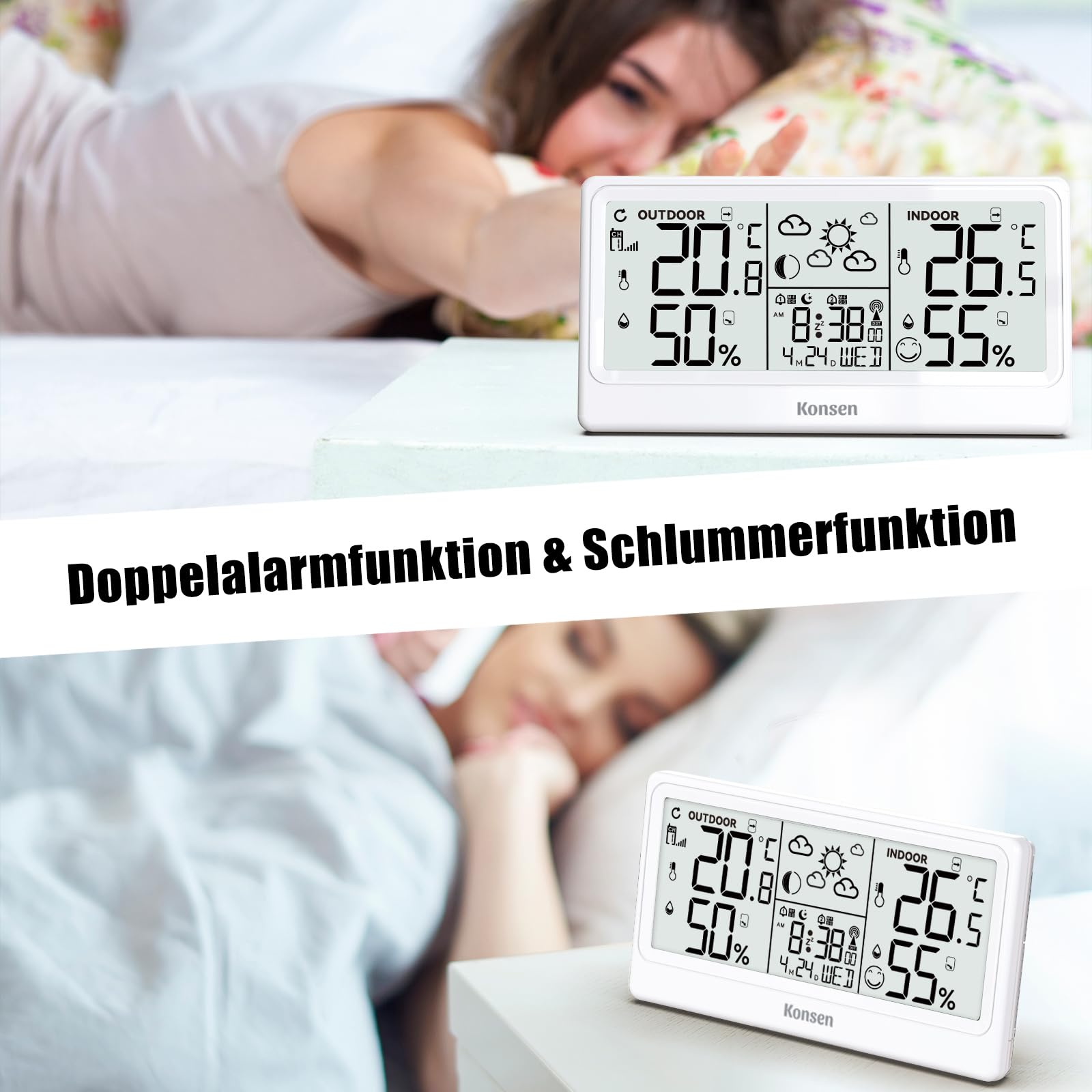 Konsen Funk-Wetterstation mit Außensensor – DCF Funkuhr, Digitales Thermo-Hygrometer (Batteriebetrieb) für Innen/Außen mit Wetterprognose, in Weiß