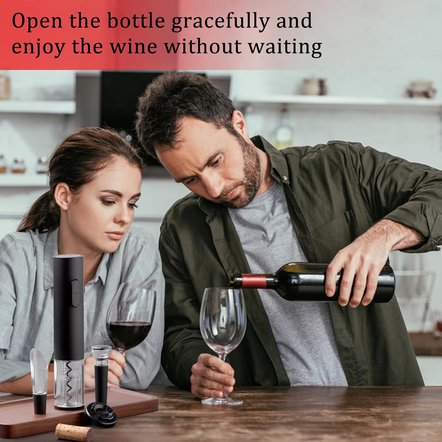 Electric Wine Opener Set, Battery Operated Wine Bottle Opener with Foil Cutter, Wine Pourer and Vacuum Stopper, Automatic Corkscrews for Wine Bottles Kit for Christmas Gift Home Kitchen Bar