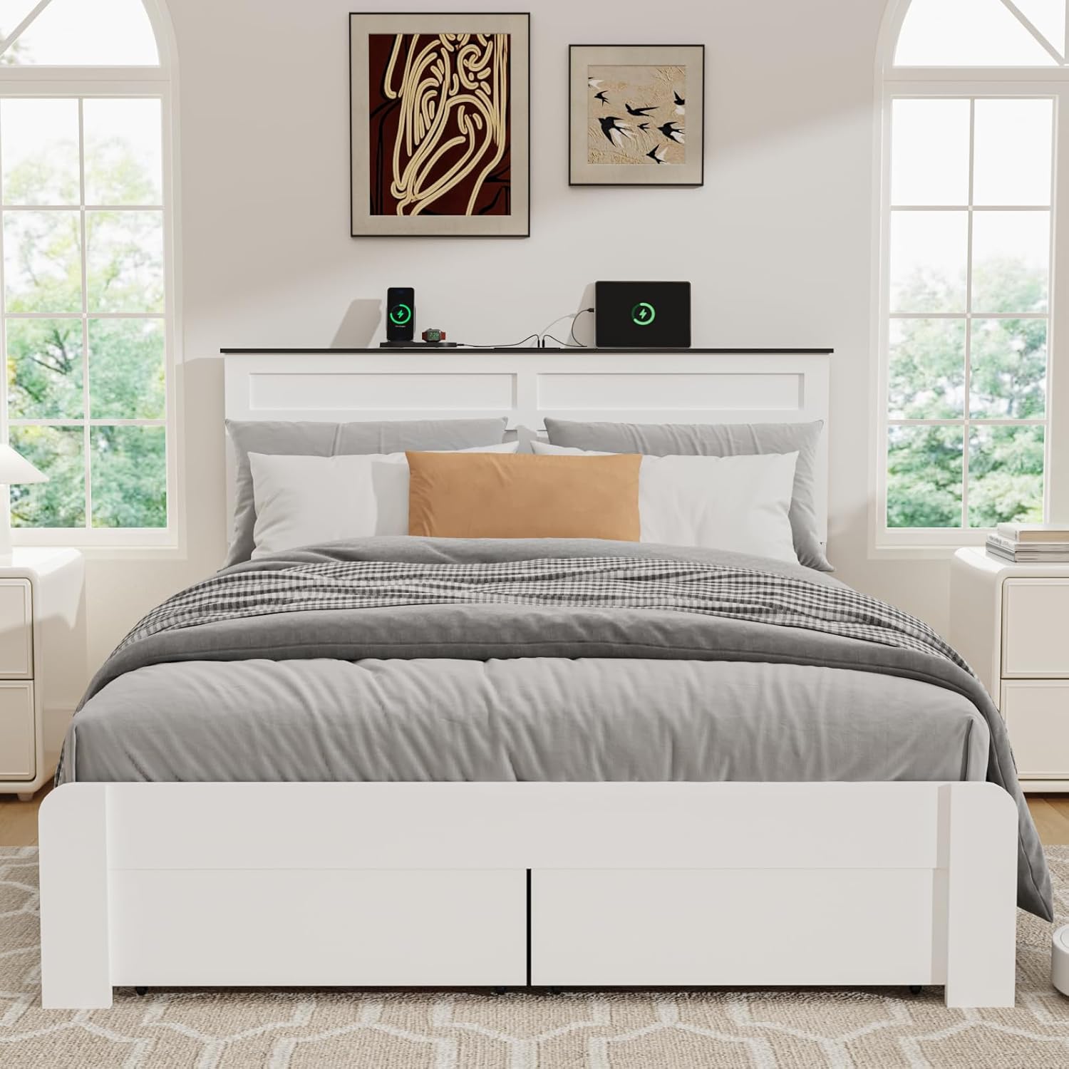 Queen Size Bed Frame with Headboard, Metal Platform Bed Frame with 2 Storage Drawers, Built-in Charging Station, Sturdy Metal Support, No Box Spring Required, Noiseless, Easy Assembly, White