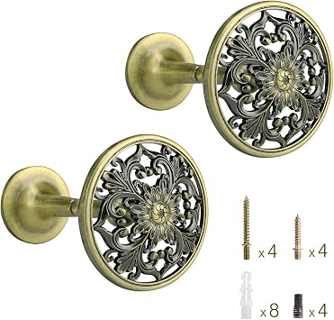 Lewondr Curtain Holdbacks, Set of 2 Wall Mounted Draperies Hooks Antique Engraved Floral Plate Vintage Retro Decorative Metal Hangers for Home Living Room Bathroom Closet - Bronze