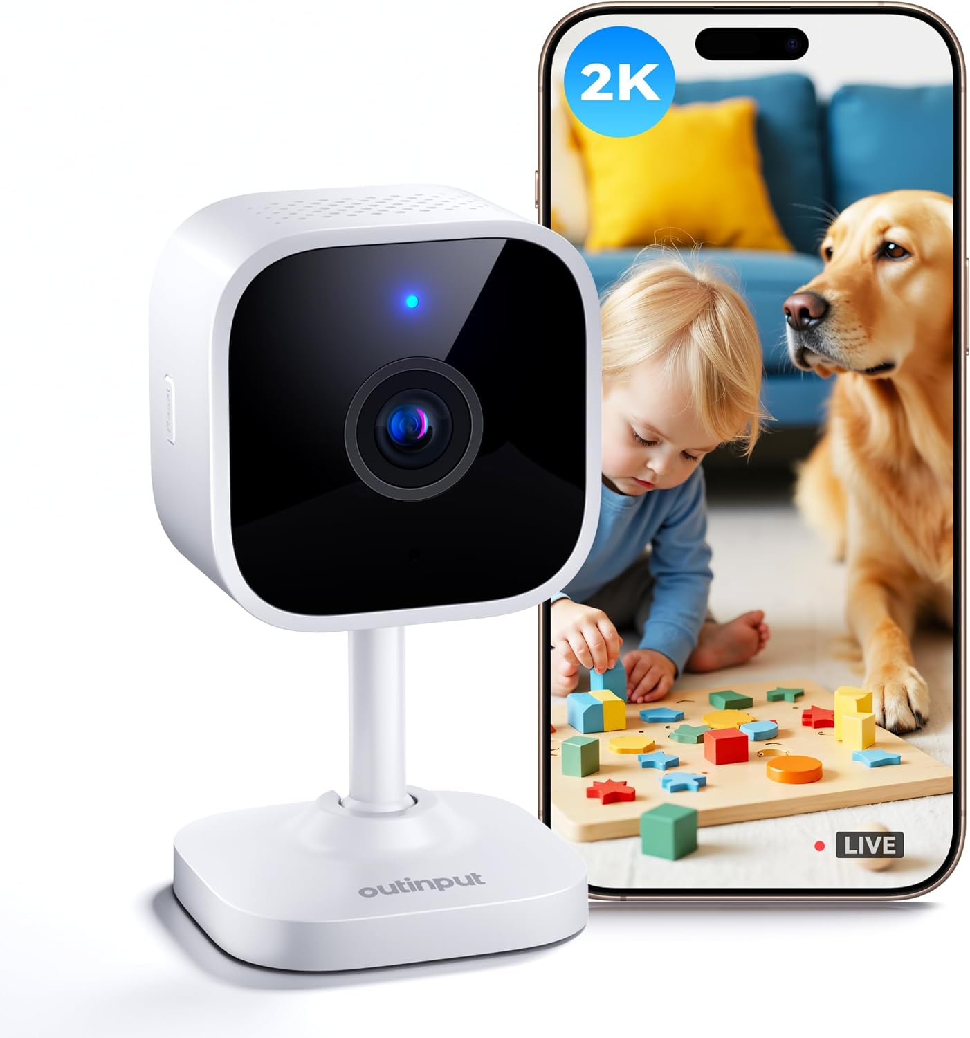 Outinput Indoor Security Camera 2K WiFi Cam丨Home Security, Baby Monitor, Pet Camera丨Smartphone Control, Instant Alert, Motion Detect, Night Vision, Cloud&Local Storage, Share to Family