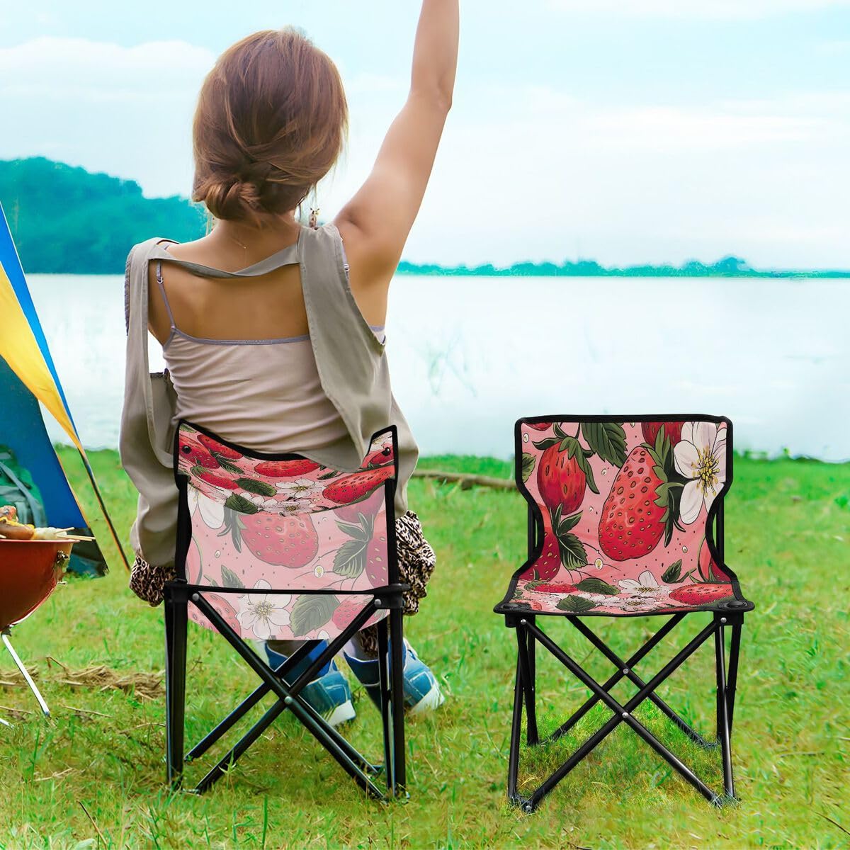 Sedia pieghevole da campeggio fragola, per adulti e bambini, leggera, pieghevole, adatta per esterni. Sedie per spiaggia, prato, campeggio, pesca e giardino
