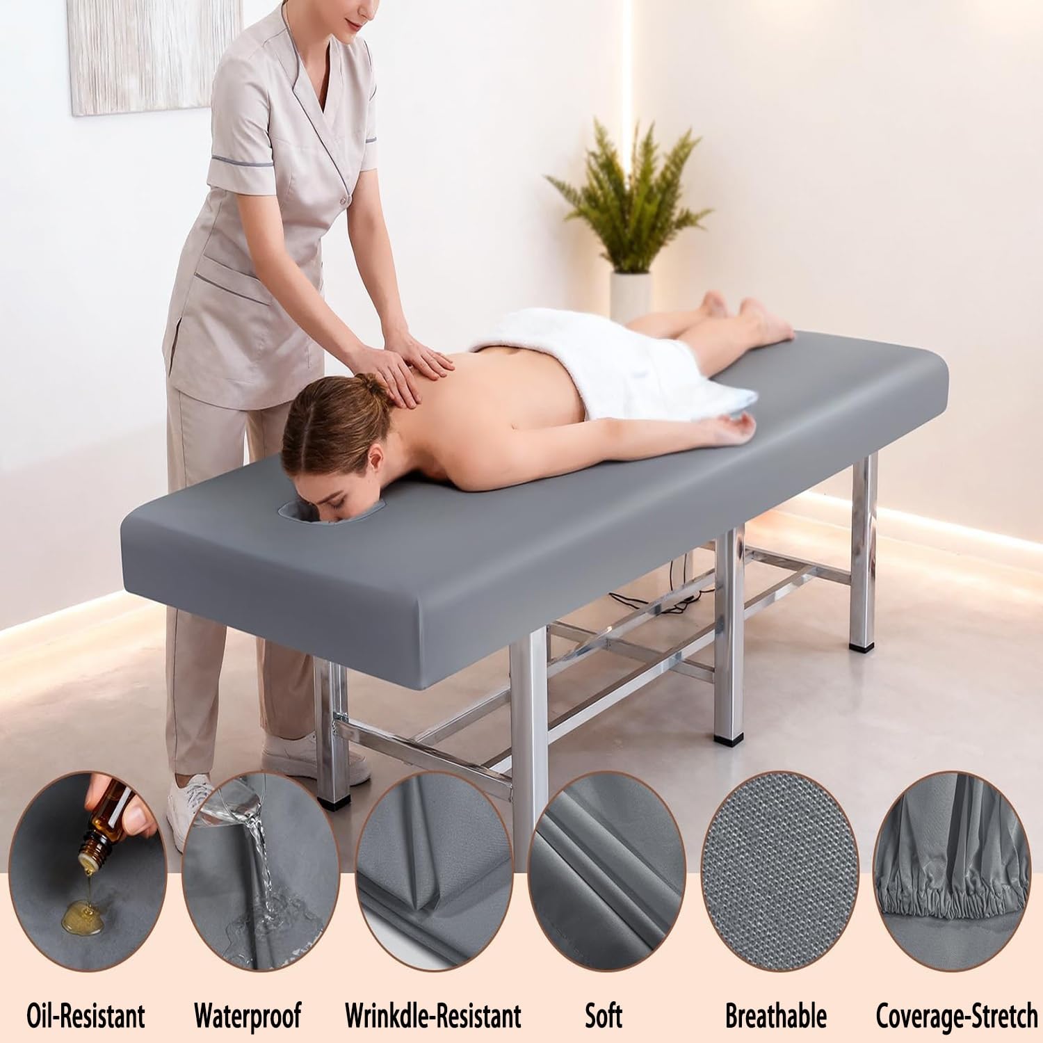 Housse de Table de Massage Imperméable 180x60 185x70 190x70 190x75 190x80 cm Anti-Huile, Réutilisable et Lavable en Machine avec Ouverture for le Visage(M1,190x70cm/75x28in (with hole))