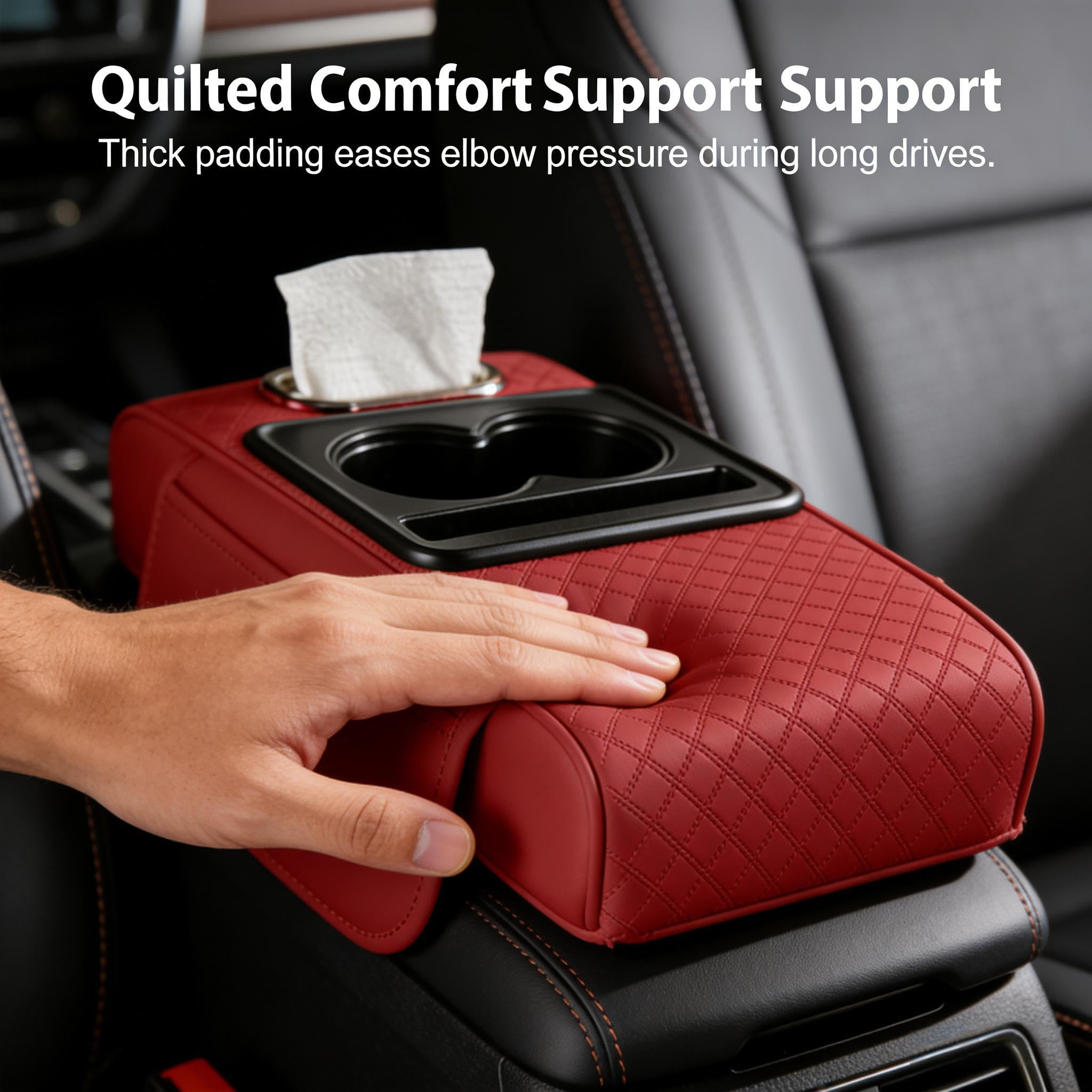 4-in-1 Multifunctional Car Armrest Cushion, Soft & Comfortable Cars Armrest Pad, Car Center Console Cover with Cup Holder, Phone Slot & Built-in Storage Box, Universal Auto Accessory (Black+Red) - 4
