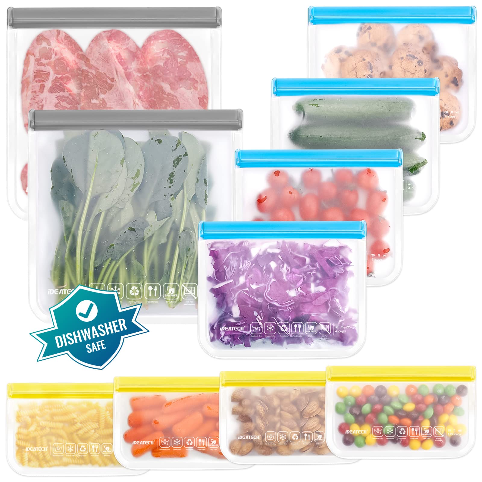IDEATECH Large Silicone Freezer Bags Reusable 10 Pack Leakproof Ziplock Food Storage Pouches BPA Free Dishwasher Safe Bags for Batch Cooking Meal Prep โ image 1