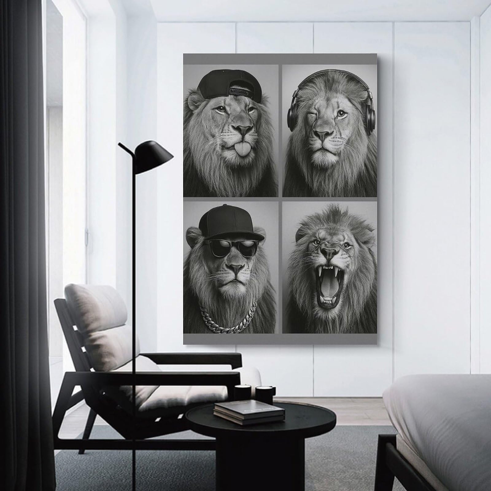 Junmoney Monochrome Lions with Accessories Collage Home Decor Wall Art, 24x36inch(60x90cm), for Living Room, Bedroom Or Home Office, Home Decor Gift with Stylish Appeal