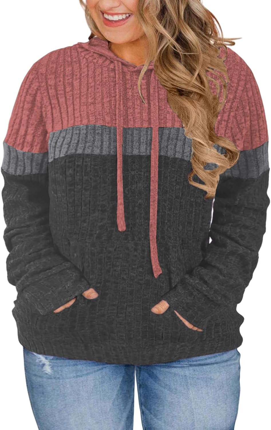 VISLILY Plus-Size-Hoodies for Women Casual Color Block Sweaters Long Sleeve Pullover Sweatshirts Cute Loose Tops with Pocket