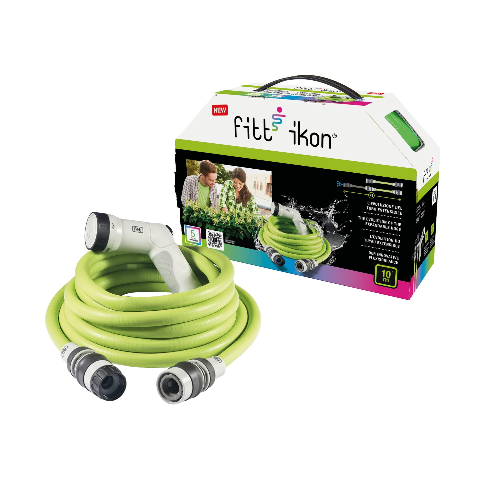 FITT IKON 10 m, Tubo Acqua da Giardino per Irrigazione, Estensibile, Compatto, Leggero e Pronto all'uso, con Pistola Multigetto, Lime
