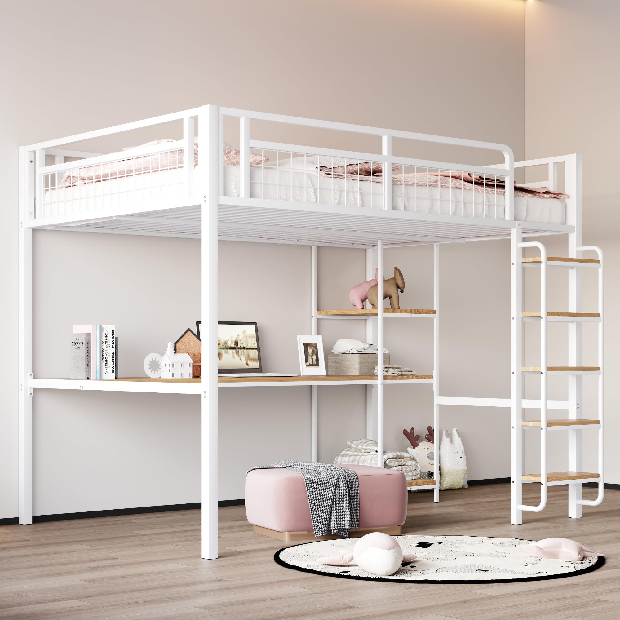 Cama alta de metal de 140 x 200 cm, escalera de seguridad con escalera, cuna con mesa y estante, cama para adultos, valla de seguridad de malla metálica (blanco, 140 x 200 cm)