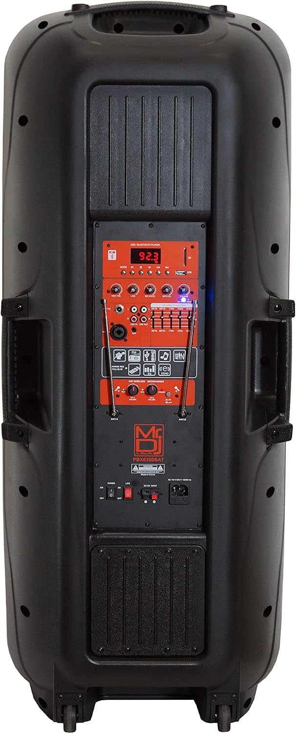 Mr. Dj PBX6300BAT 3-Way Dual 15" Portable Active with Rechargeable Battery Full range Speaker, 4500W P.M.P.O