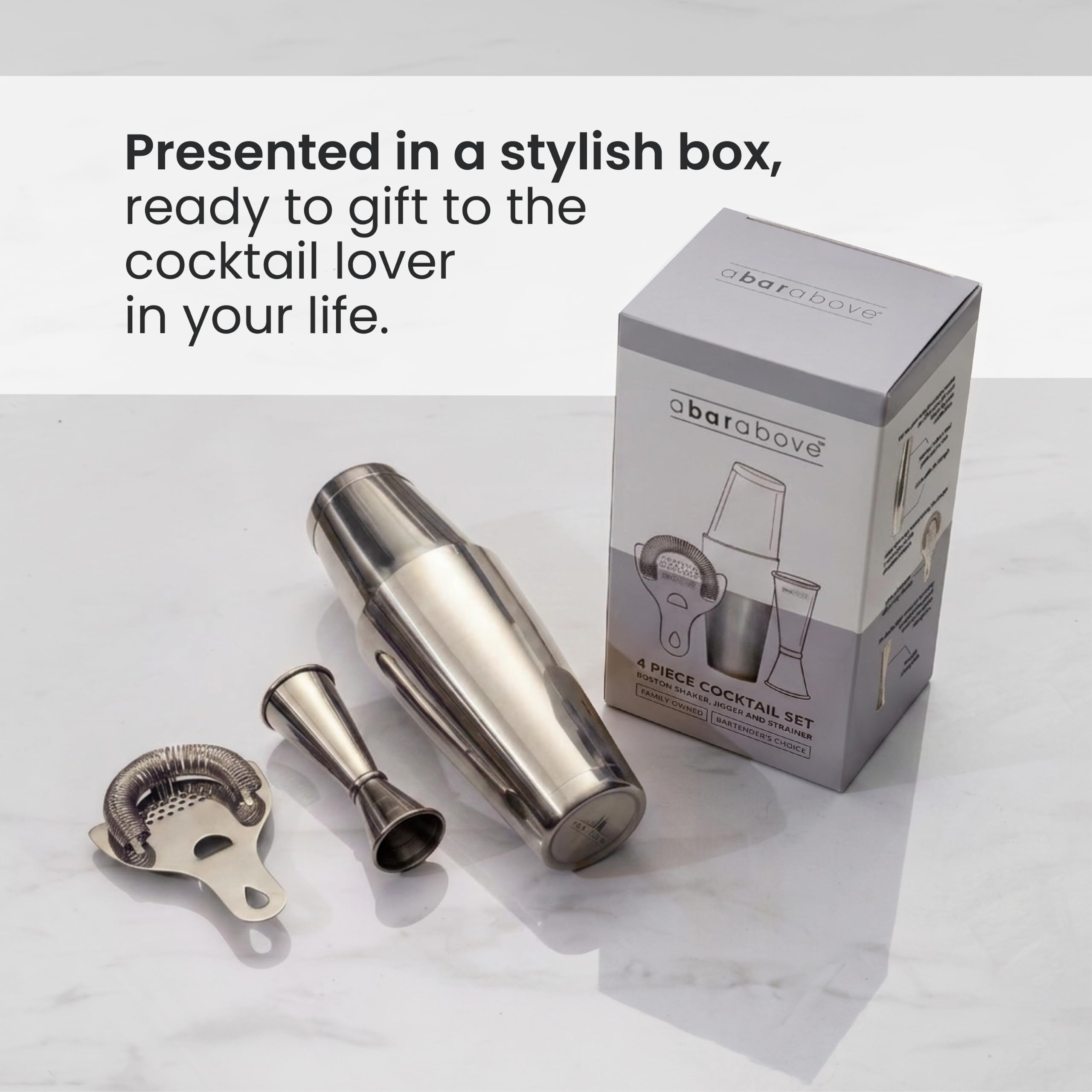 Boston Shaker Set: Professional two-piece Stainless Steel Cocktail Shaker set with Hawthorne Strainer and Japanese Jigger