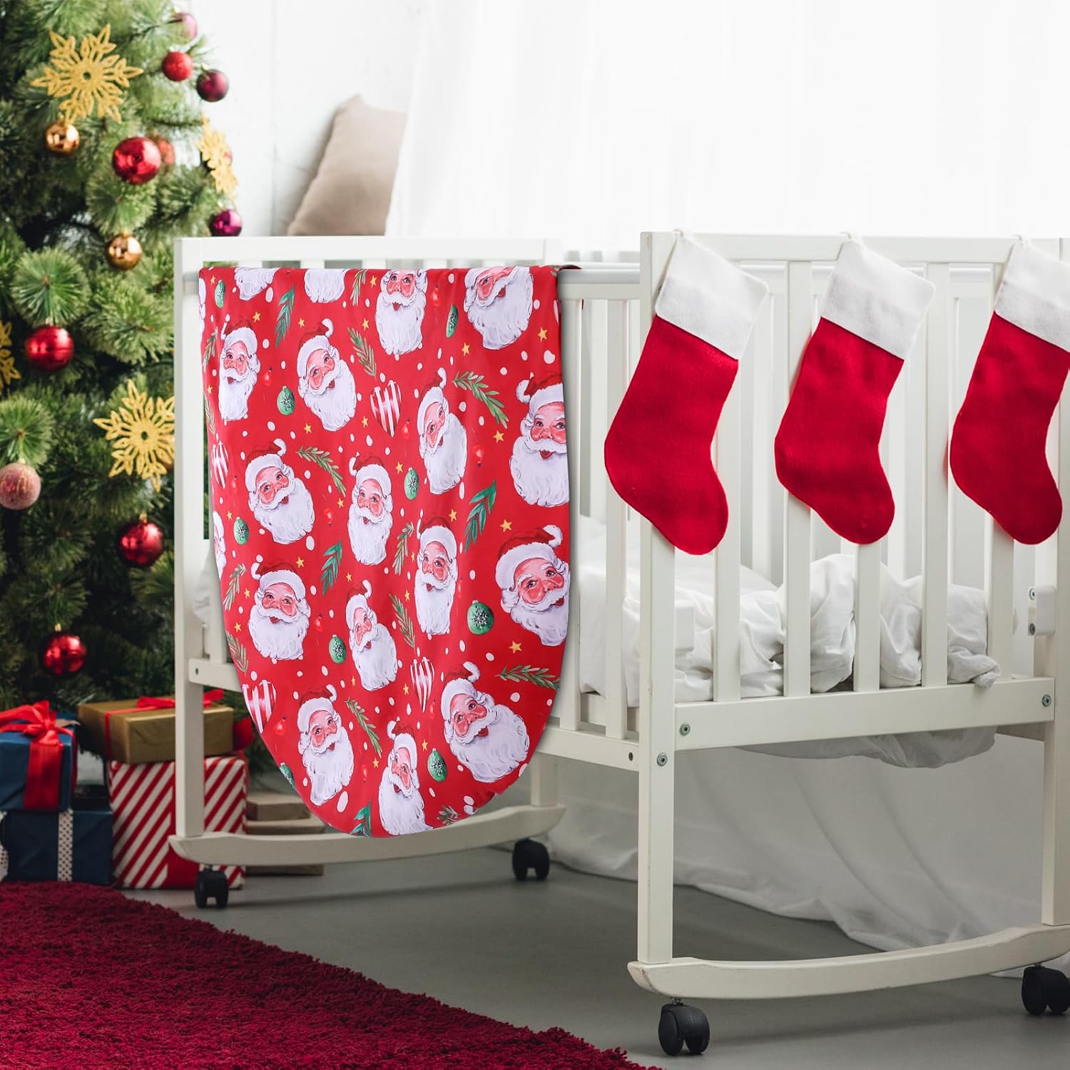 FuWeave 4 Pcs Christmas Santa Claus Gingerbread Gnome Cartoon Tree Crib Sheets for Baby Boys Girls, 52'' x 28'' Soft Breathable Christmas Fitted Sheet Set for Standard Crib and Toddler Mattresses