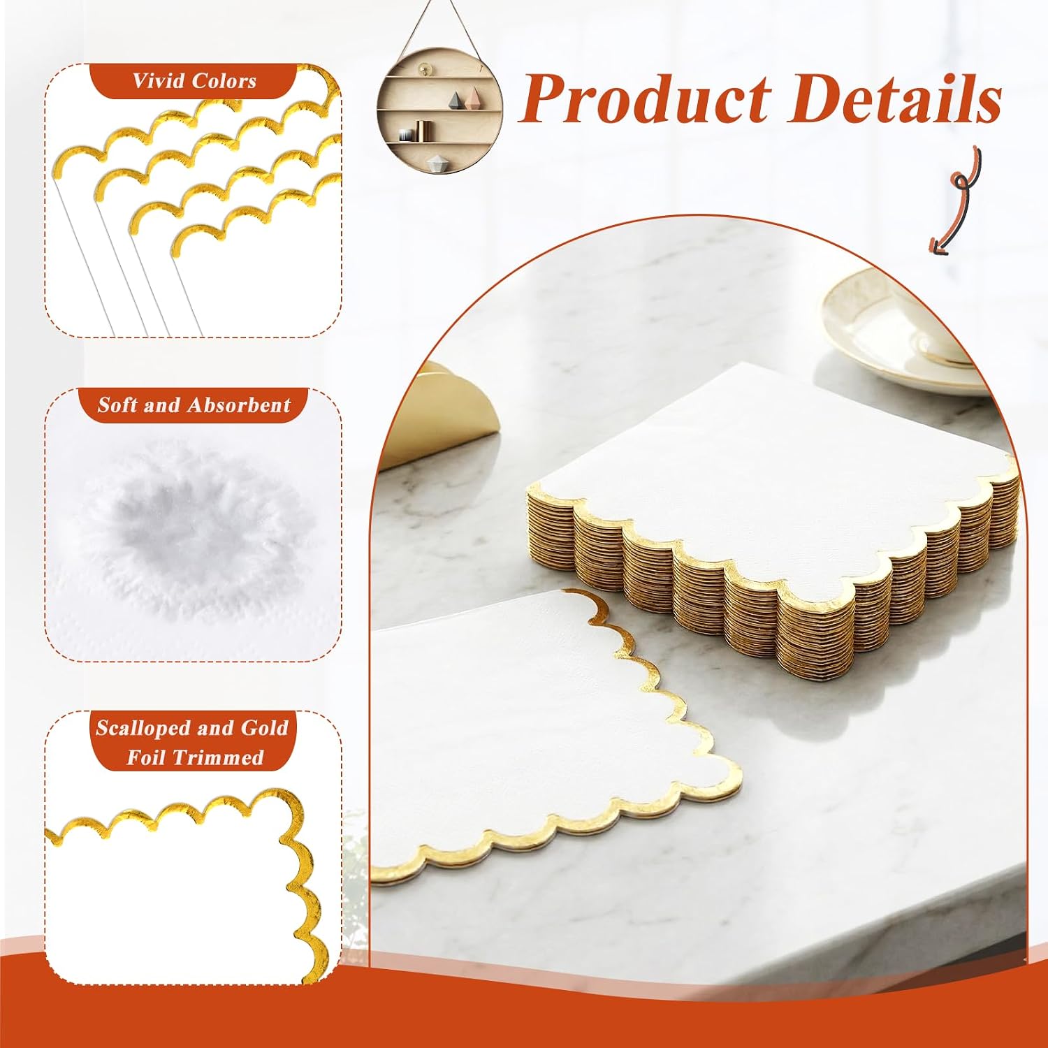 400 Pack 2 Ply White Paper Napkins Gold Foil Scalloped Cocktail Napkin Disposable Beverage Napkins for Birthday Baby Shower Wedding Party Supplies Dinnerware Tableware Decorations, 5 x 5 in image 4