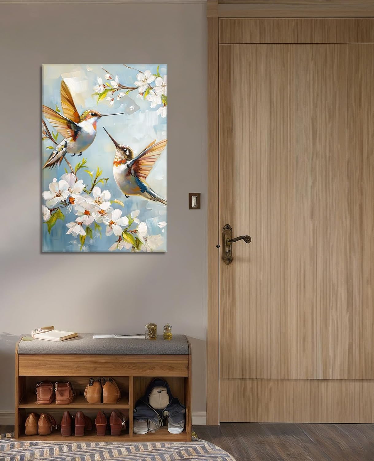 Bird Canvas Wall Art Love Birds Painting Prints White Flowers Tree Branches with Sparrow Picture for Bathroom Living Room Wall Decor Framed - 12.00x18.00 inch