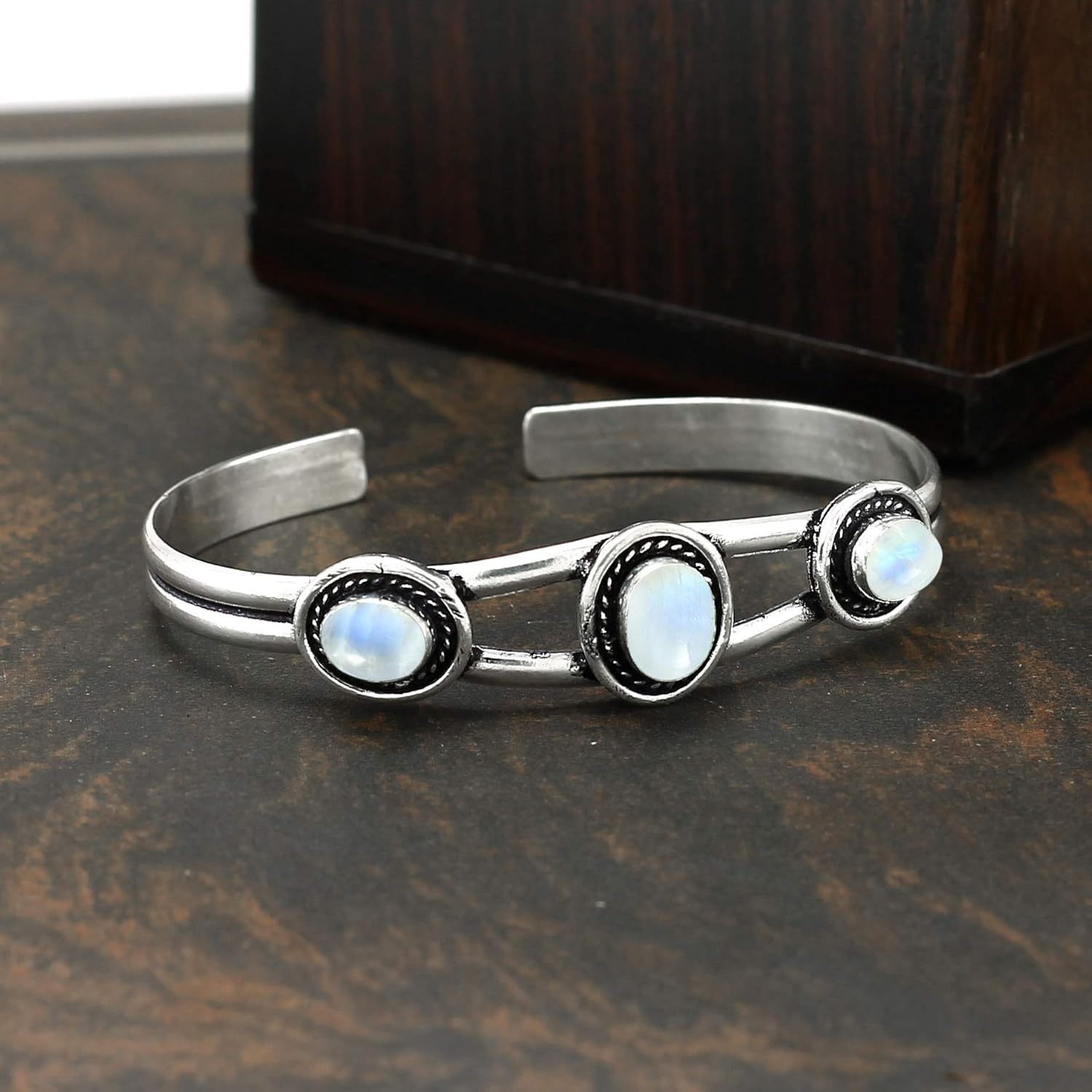 Natural Three Gemstones 925 Silver Overlay Open Bangle for Women - Oval Stone Vintage Style Handmade Adjustable Cuff Bracelet Jewelry - Perfect for Wedding & Special Occasions - Image 4