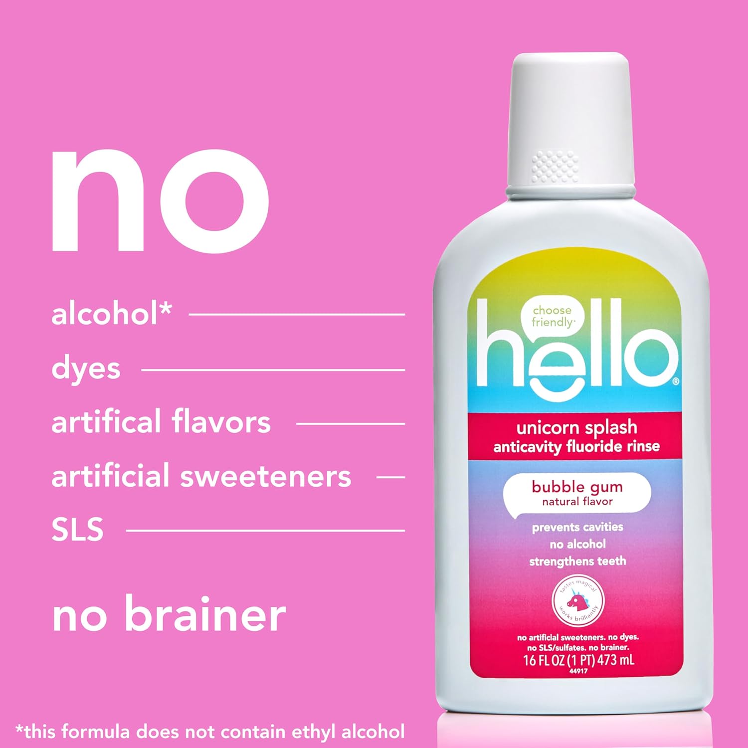 Hello Kids Mouthwash with Unicorn Bubble Gum Flavor, Alcohol Free Mouthwash for Kids with Fluoride, Safe for Ages 6 and Up, Anticavity, Vegan, No Alcohol, No Dyes, 16 Oz Bottles (Pack of 3)