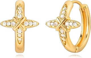 Dremmy Studios Dainty CZ Huggie Hoop Earrings 14K Gold Plated Chunky Simple Cute Thick Round Frill Bead Ball Starburst Cuff Earrings Cubic Zirconia Hoop Earrings Minimalist Personalized Gift for Her