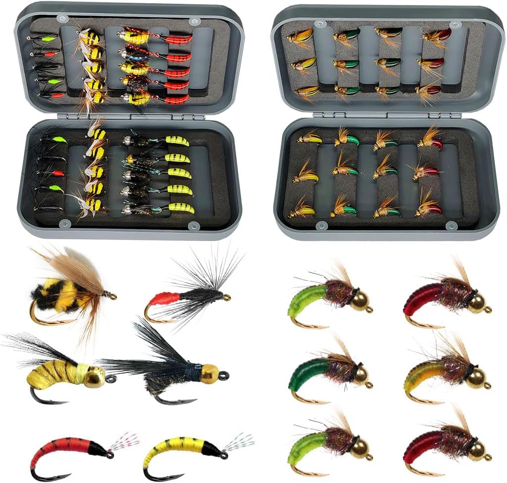 23Pcs/38Pcs Fly Fishing Flies Kit Fly Assortment Trout Bass Fishing with Fly Box, Dry/Wet Flies Nymphs Artificial Bait