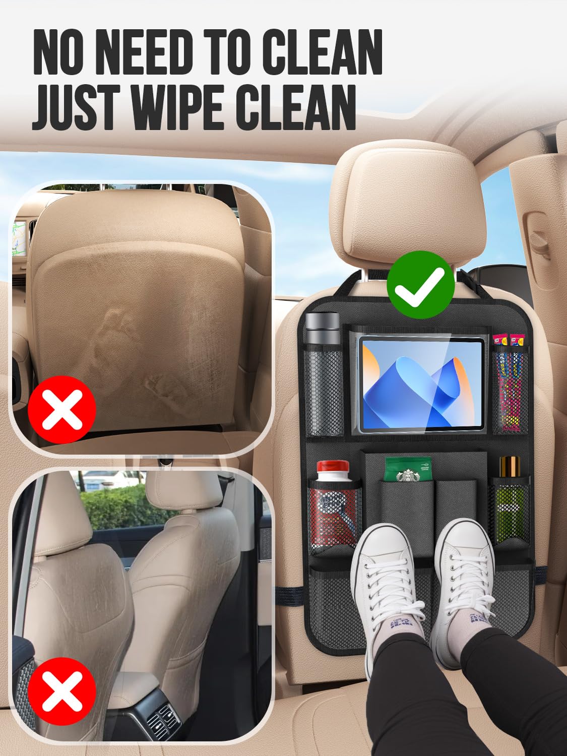 New Fi Backseat Car Organizer(20 Storage Pockets),Come with Free 1 Seat Net and 2 Headrest Hook, Touch Screen Tablet Holder, Divider for Driving Safely Children & Pets…, Car Organizer (black)