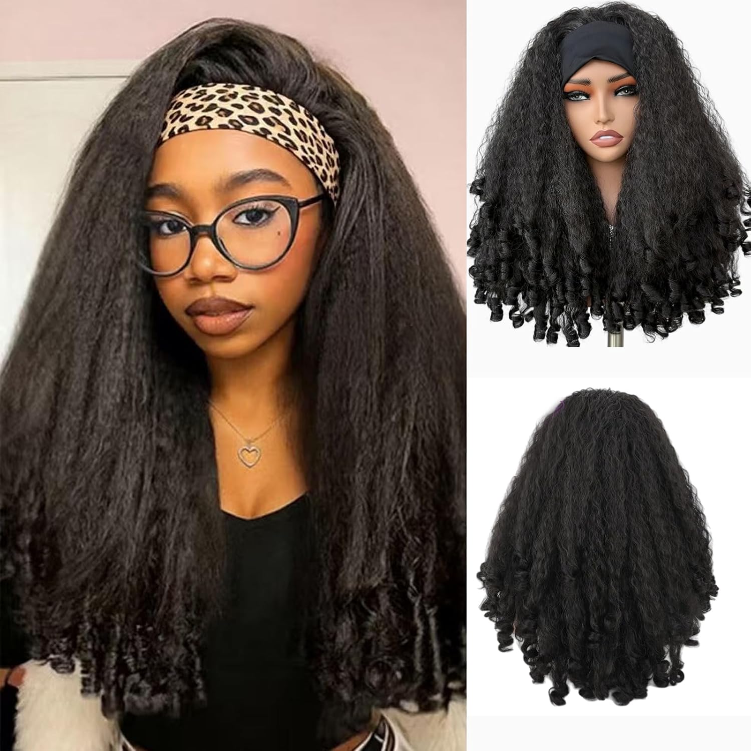 Afro Curly Headband Wig for Black Women Wear and Go Kinky Curly Glueless with Bouncy CurlHalf Wigs Yaki Straight Synthetic Headband Wigs(Natural Black, 22inch)