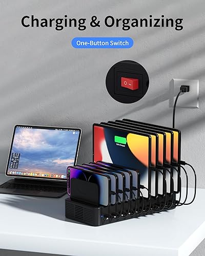 Miniatura 7 de Estación de carga de 80 W para múltiples dispositivos, estación de carga rápida USB de 10 puertos con divisores ajustables y 10 cables, base de