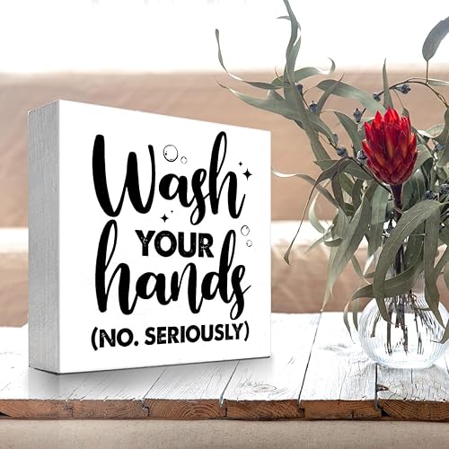 Miniatura 4 de z-crange Letrero divertido de madera con texto en inglés Wash Your Hands, placa de madera para baño, estante y decoración de inodoro
