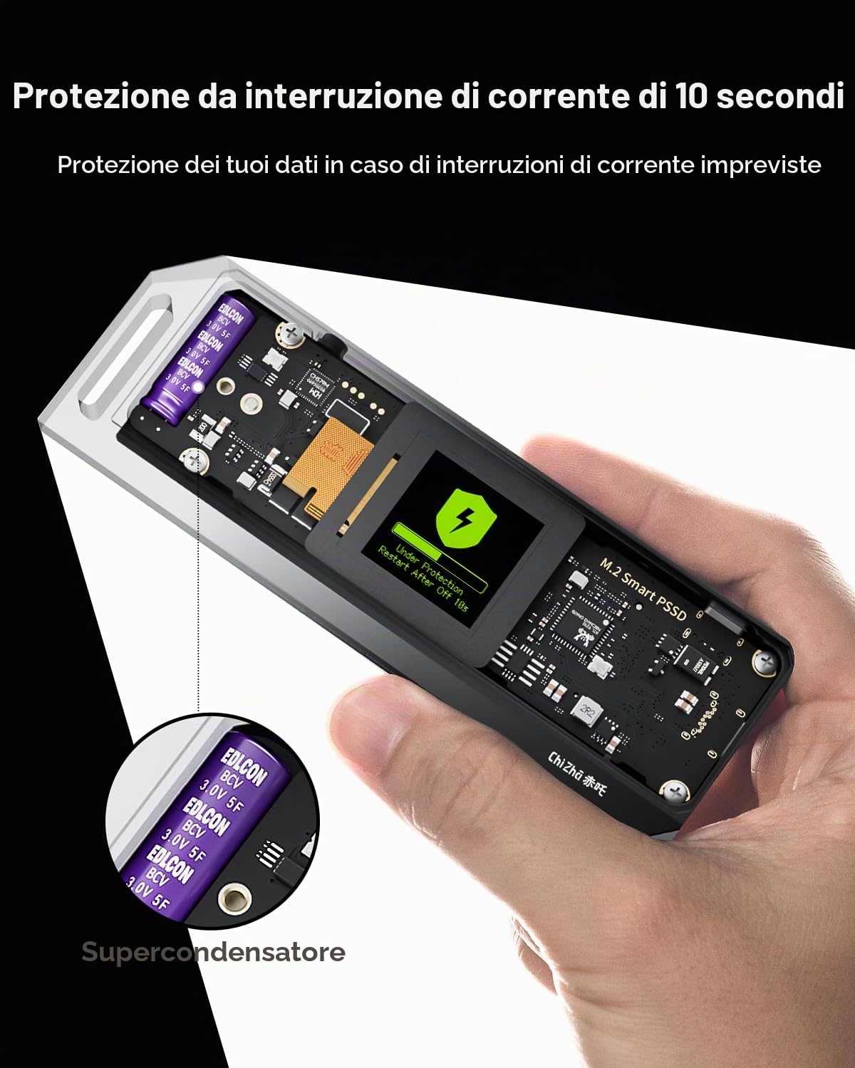 Chizha Smart Case SSD M2 Xenomorfo, Protezione di Alimentazione di 10s, Rilevamento della salute dell'SSD, Doppie Porte USB-C 3.2 Gen 2 (10Gbps) NVMe Case Supporta NVMe SSD fino a 4TB - Nero