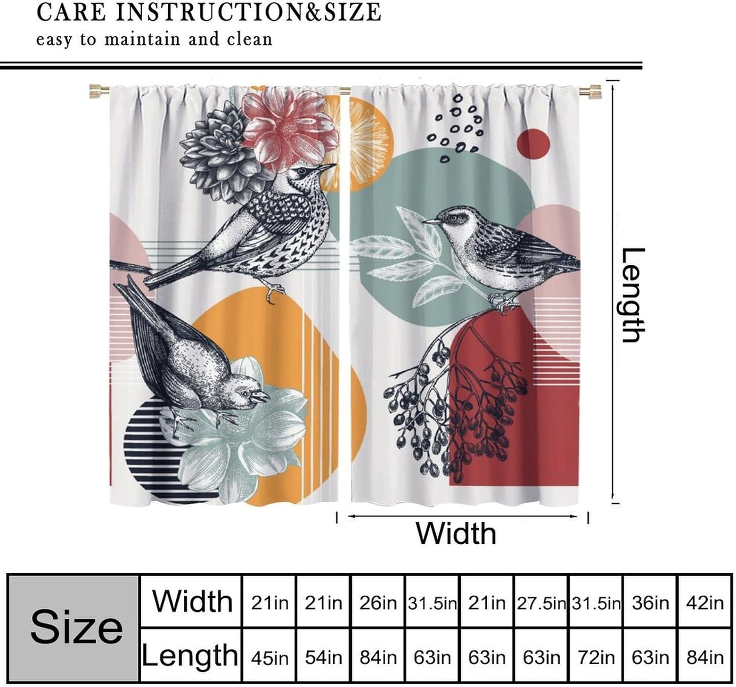 Birds Curtain, Abstract Collage Style Dahlias Birds Pattern Blackout Window Treatments, Rod Pocket Thermal Insulated Drapes 2 Panel Sets for Bedroom Living Room Kitchen, 42" W X 54" L