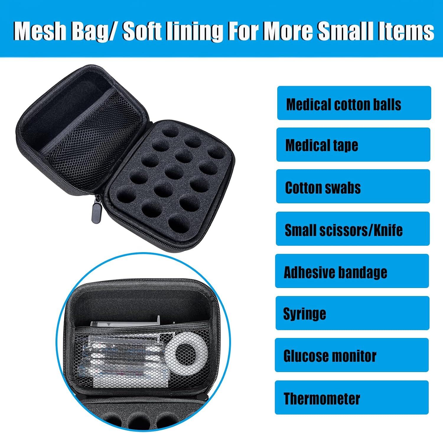 Insulin Vial Peptide Storage Case for Fridge with 15 Slots, 10ml Vials, Diabetic Cooler Injection Travel Protector Case, Vial Carrying Holder Organizer Handbag with Mesh Bag,Zipper (Black)