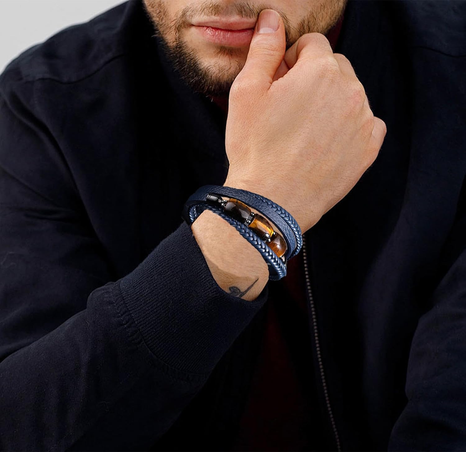 Mens Tiger Eye Leather Bracelet, Natural Tiger Eye Stone Multi-Layer Braided Cuff Bracelets for Men, Stainless Steel with Buckle Memorial Bangle Gifts for Him - Image 2