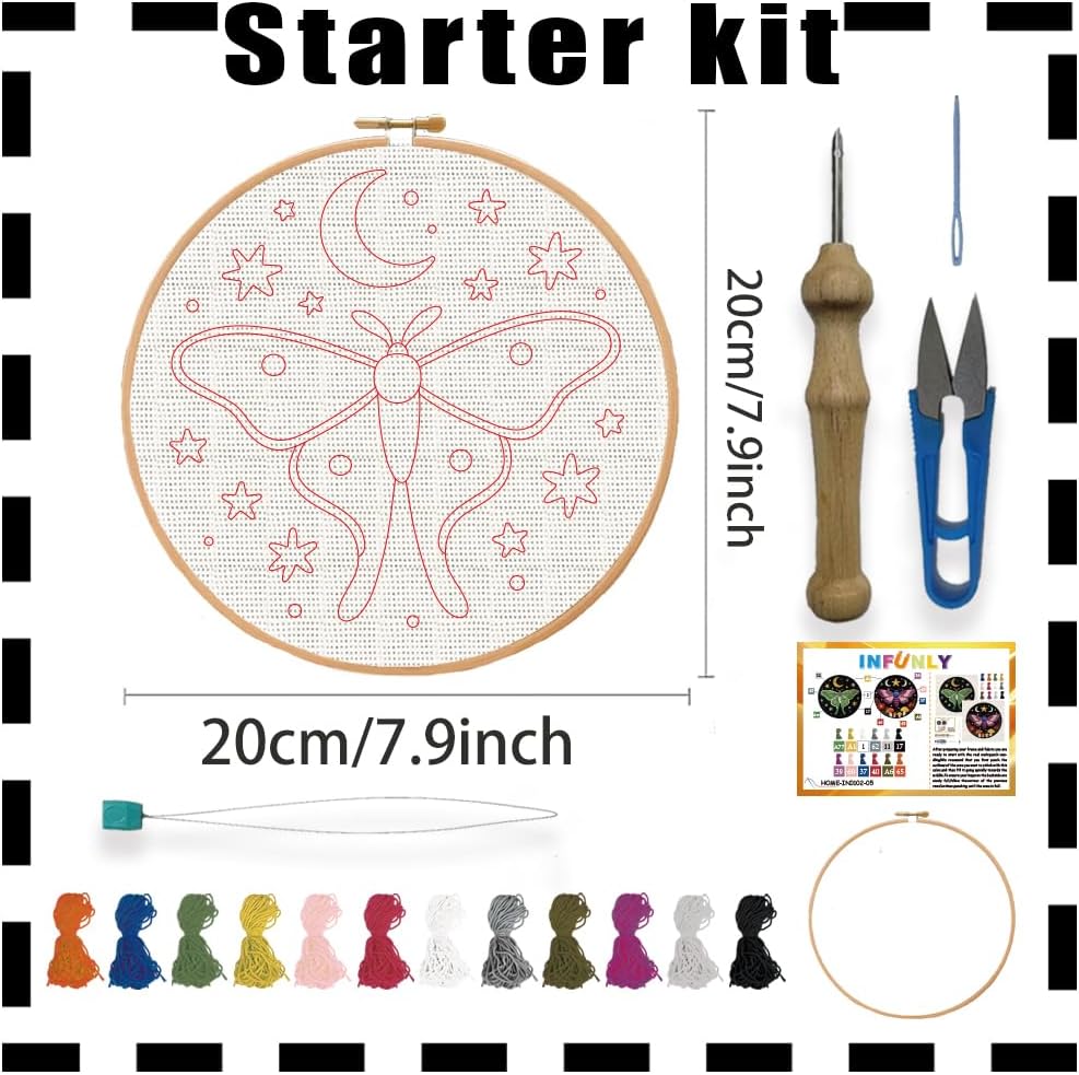 INFUNLY 2 Pcs Moth Punch Needle Kit 7.9 Inch Round Punch Needle Embroidery Kit Star Moon DIY Punch Embroidery Kits Mushroom Night Needlepoint Starter Kits for DIY Craft Lovers Gift Home Decor