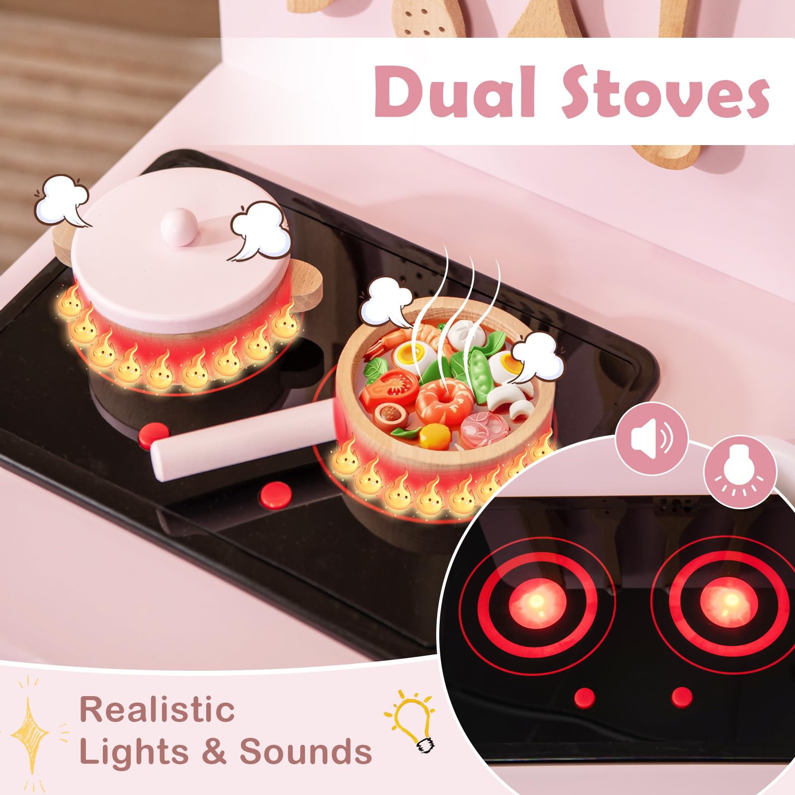 Costzon Kids Kitchen Playset, Wooden Pretend Play Kitchen with Lights and Sounds, Stoves, Sink & Faucet, Oven, Cooking Accessories, Toy Kitchen Set for Toddlers, Gift for Boys Girls Ages 3+ (Pink)