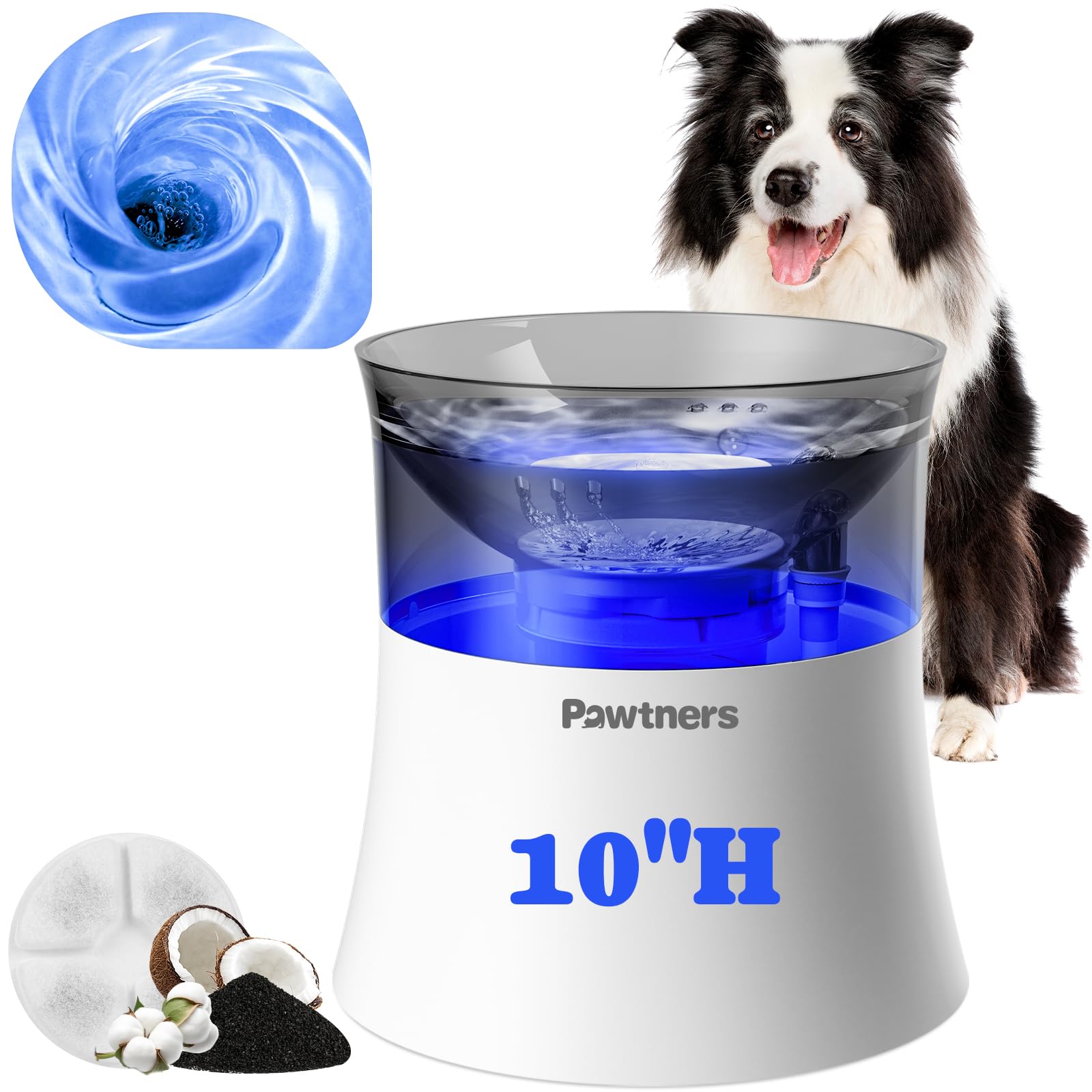 Fontana d'acqua per cani con design a filtrazione a vortice, ciotola per cani e gatti di taglia grande e media, dispenser automatico di acqua senza fuoriuscite, con area per bere profonda e pompa